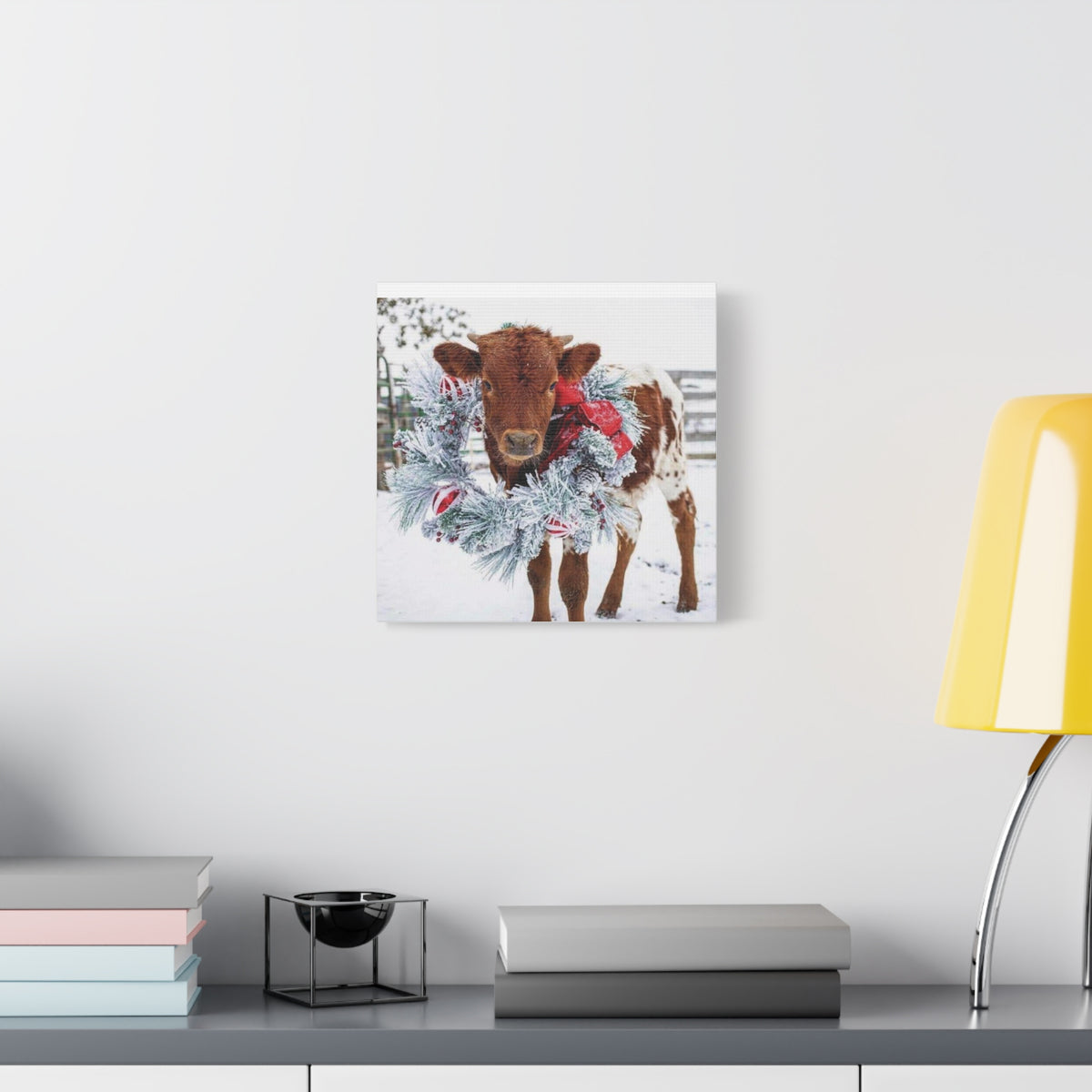 Holiday Calf Canvas Print — Festive Cow with Wreath Wall Art