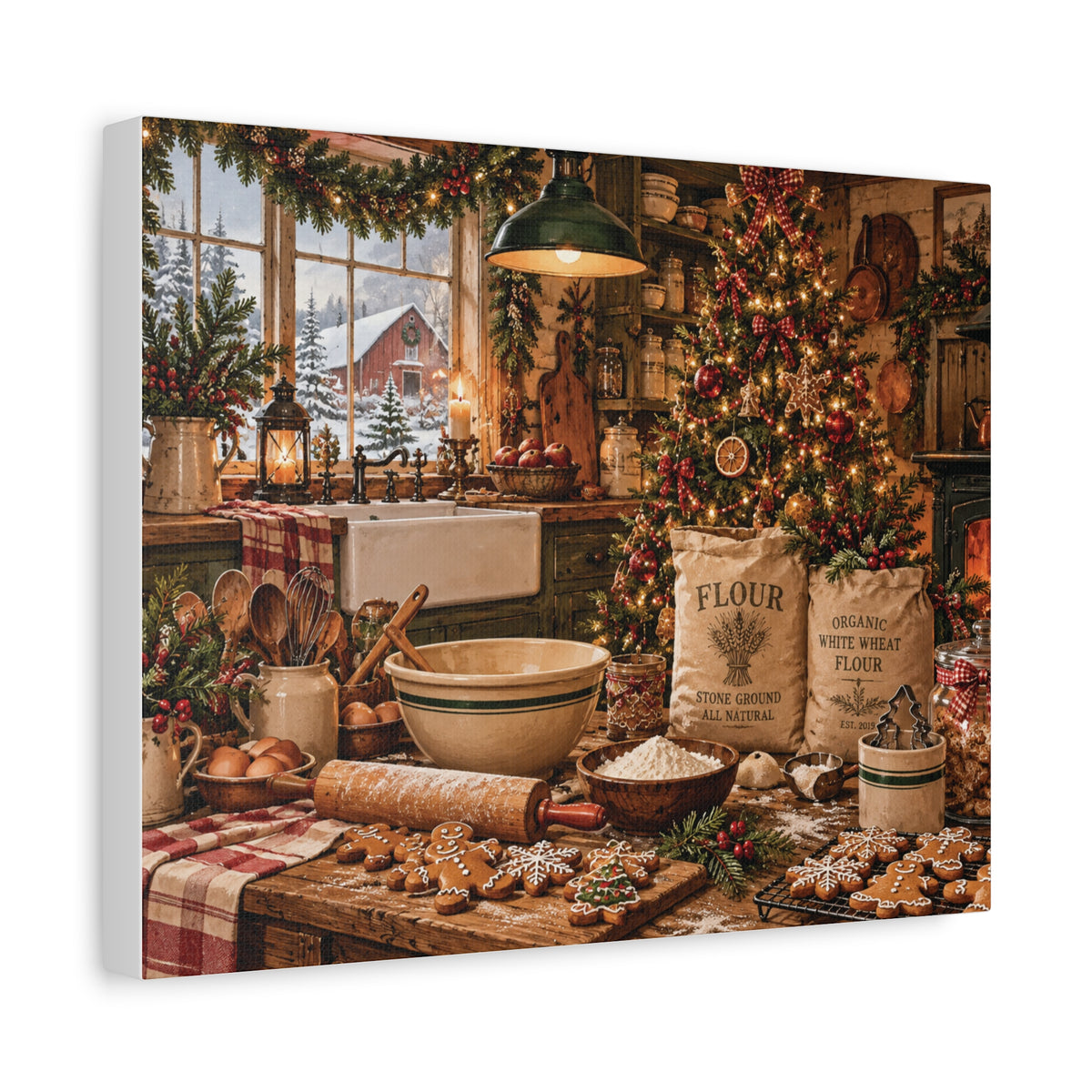 Christmas Kitchen Canvas Wall Art — Cozy Holiday Baking Scene, Rustic Farmhouse Holiday Decor