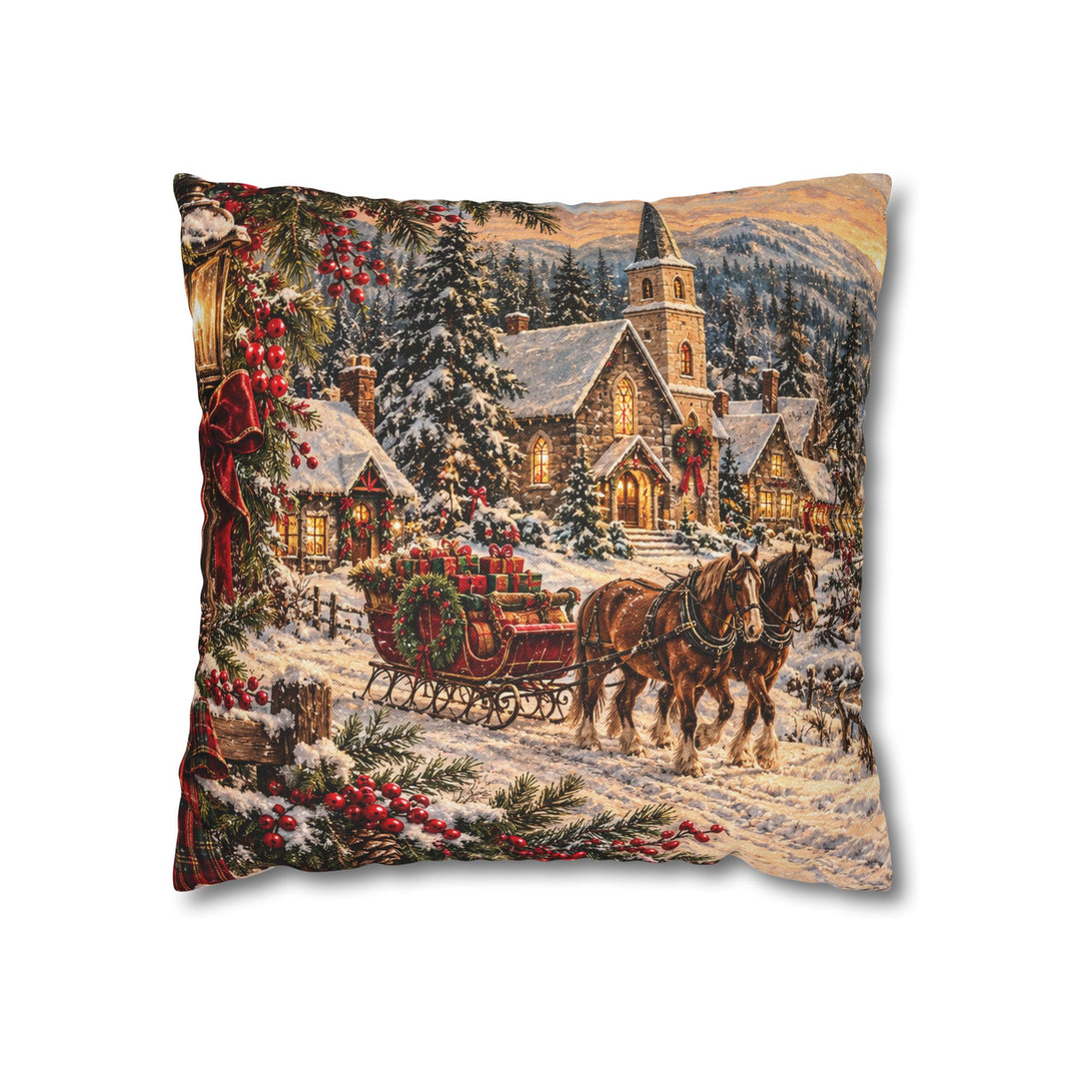 Christmas Village Horse-Drawn Sleigh Decorative Pillowcase