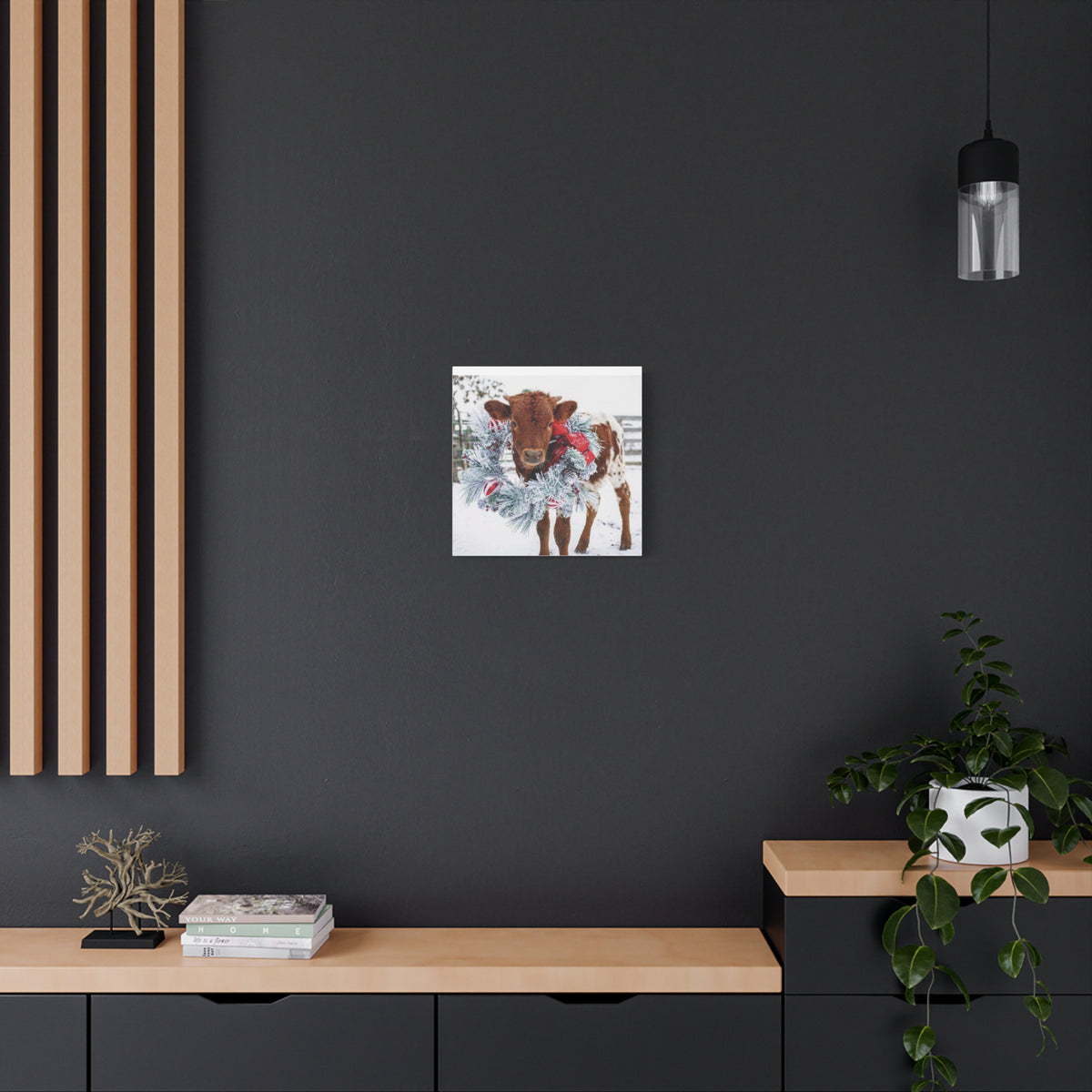 Holiday Calf Canvas Print — Festive Cow with Wreath Wall Art