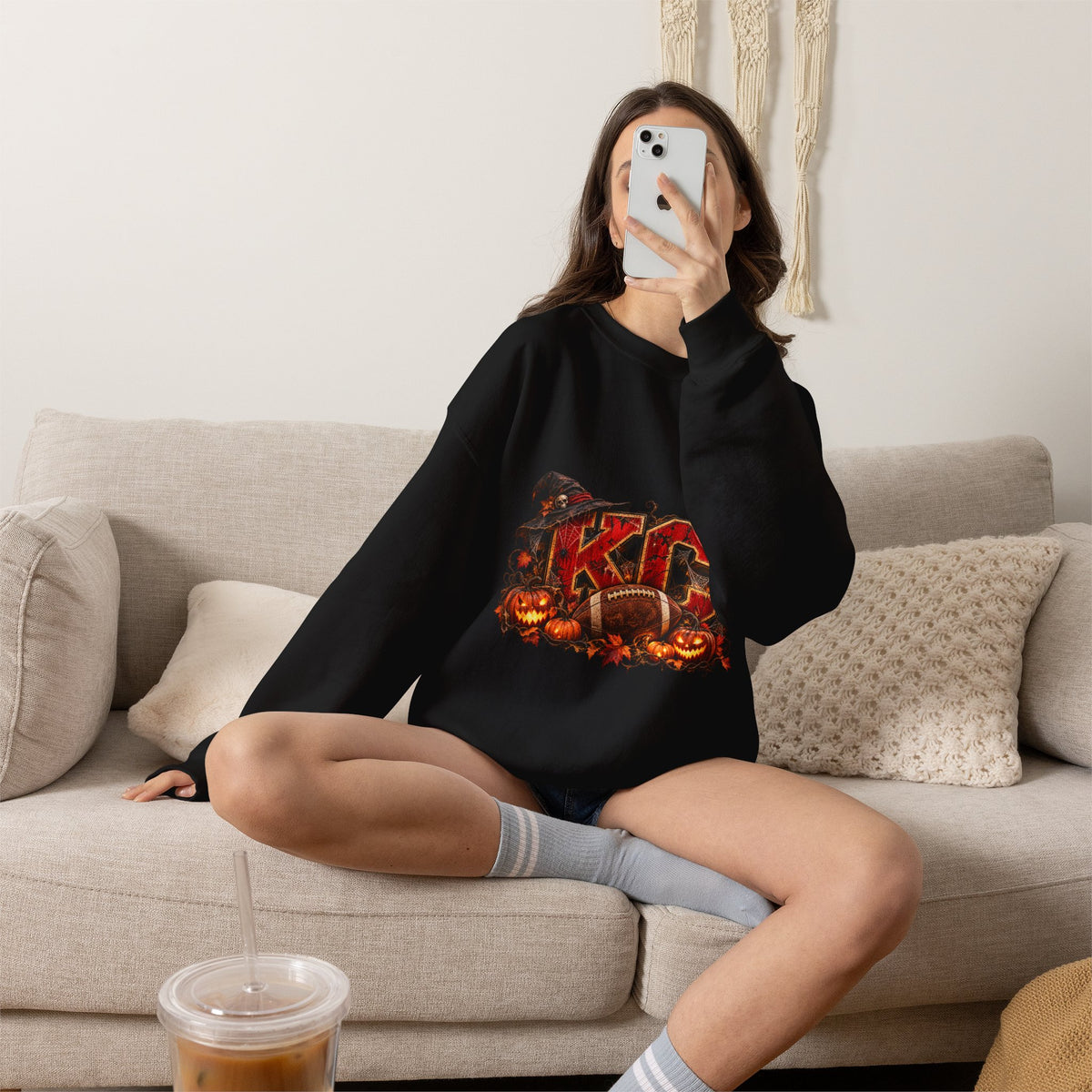 KC Halloween Crewneck Sweatshirt — Haunted Pumpkin Football Design-Flour and Foundry Meercantile Co.