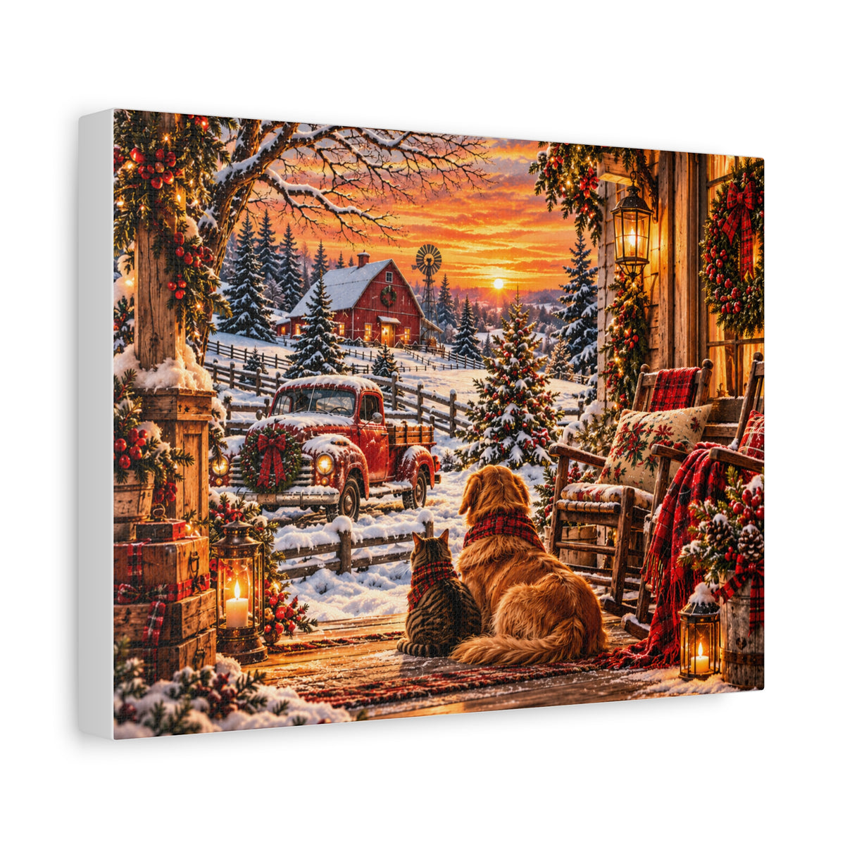 Snowy Winter Porch Scene with Dog & Cat-Christmas Farmhouse Canvas Print