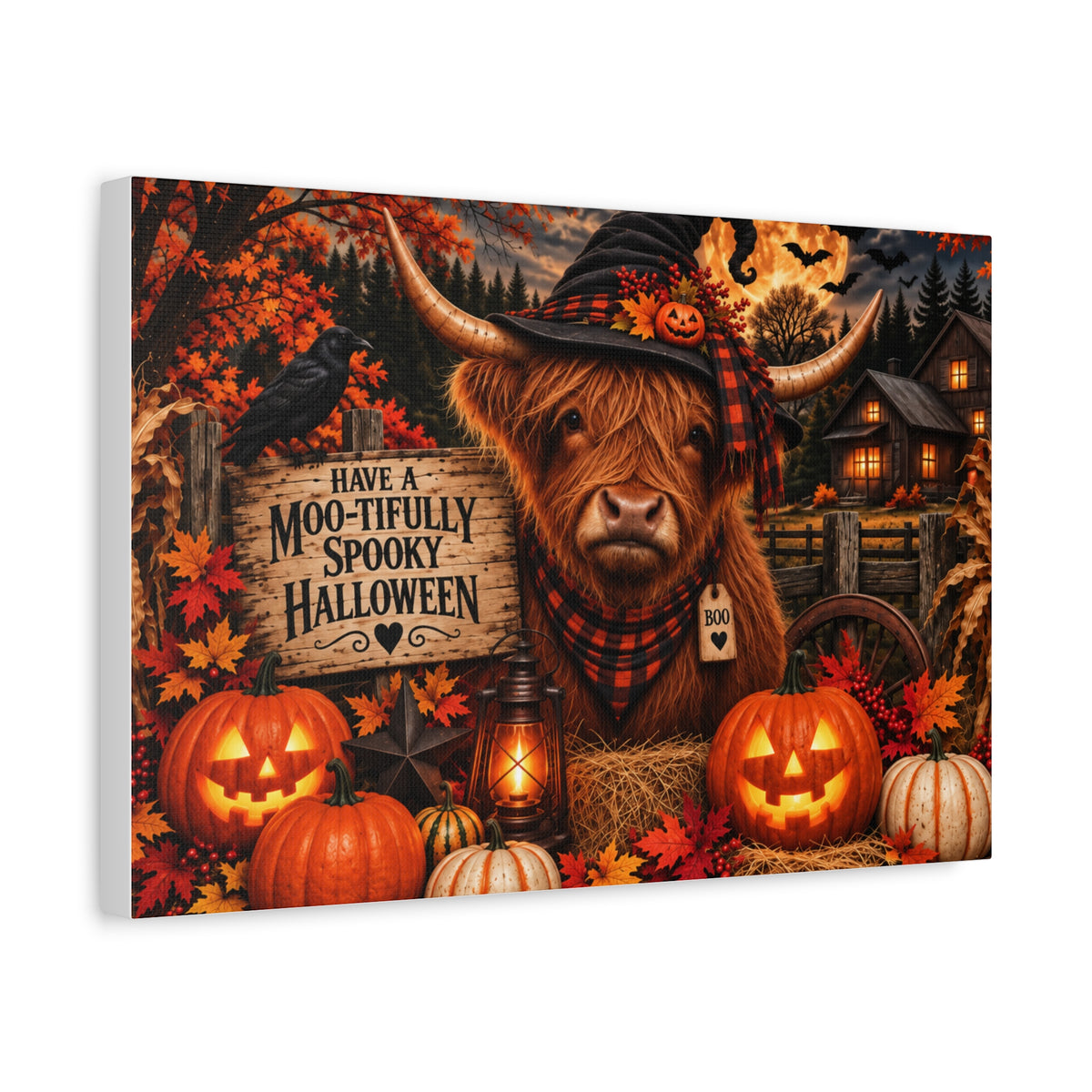 Halloween Highland Cow Canvas – "Have a Moo-tifully Spooky Halloween" Matte Stretched Wall Art