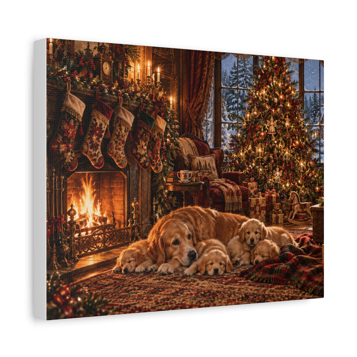 Cozy Christmas Dogs by the Fireplace Canvas Wall Art