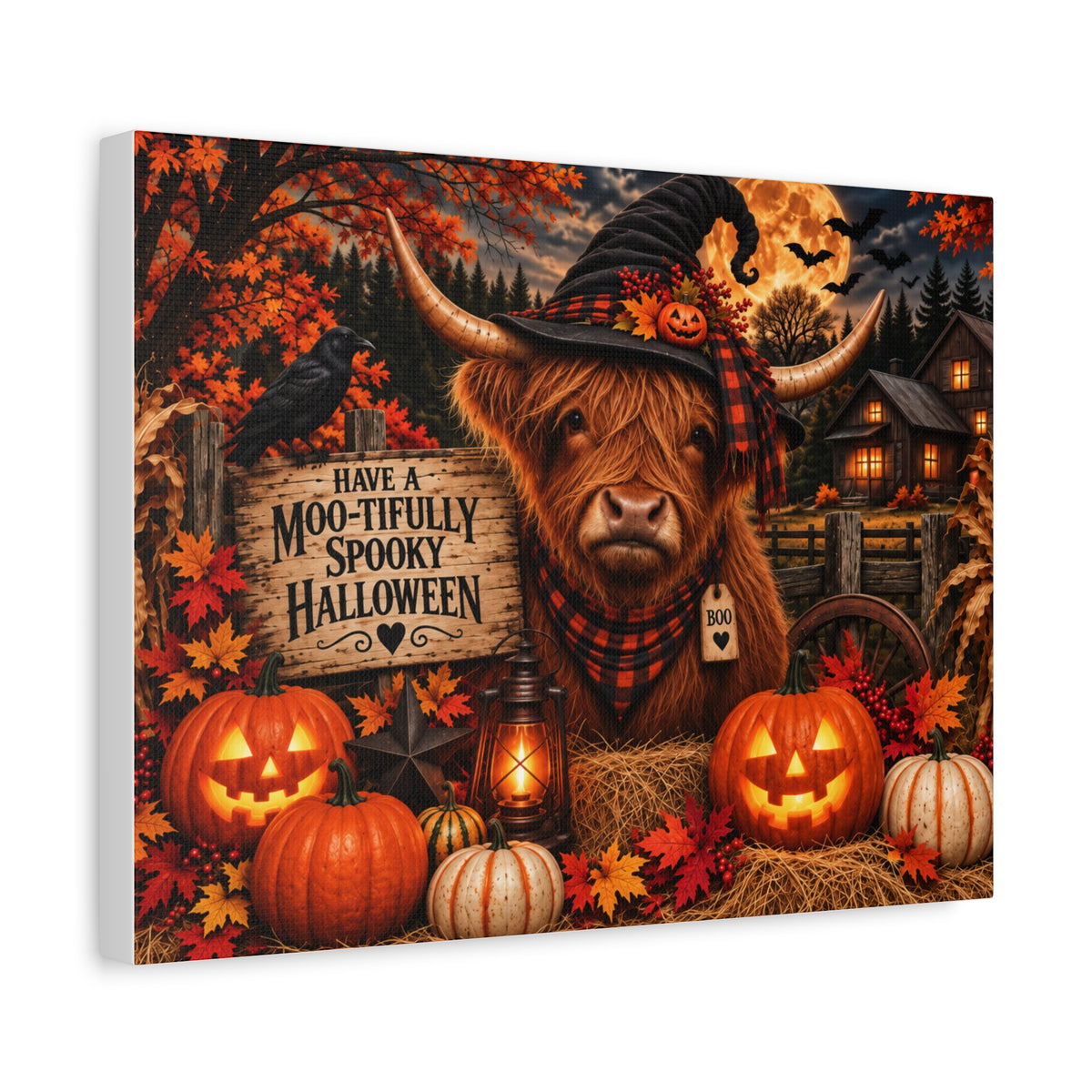 Halloween Highland Cow Canvas – "Have a Moo-tifully Spooky Halloween" Matte Stretched Wall Art