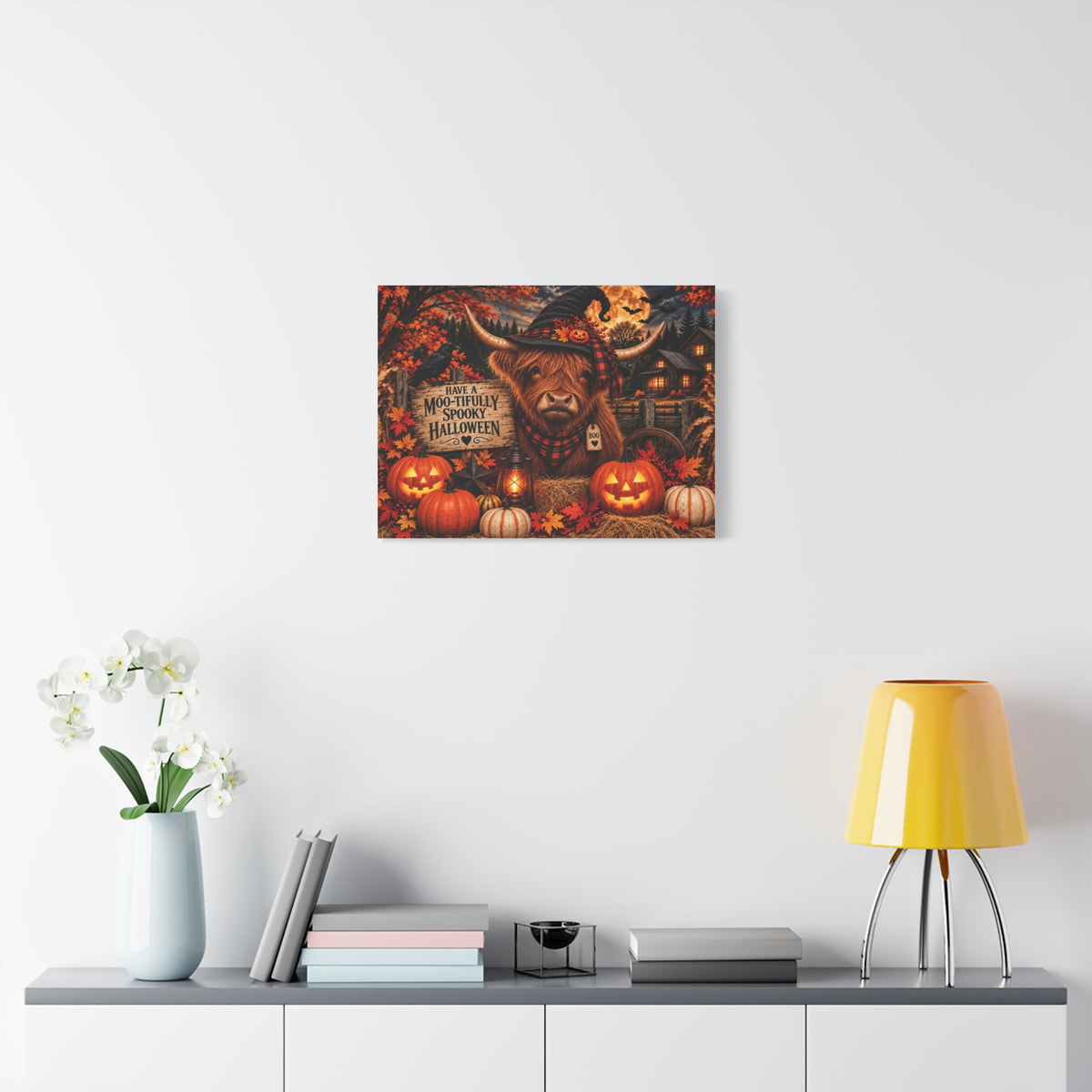 Halloween Highland Cow Canvas – "Have a Moo-tifully Spooky Halloween" Matte Stretched Wall Art