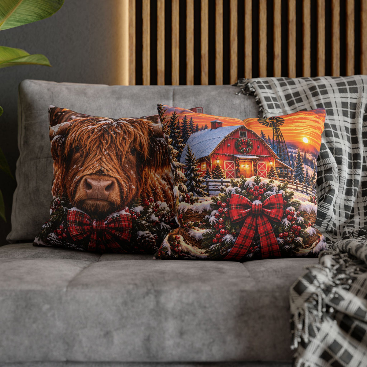 Christmas Barn and Cow Double Sided Pillowcase — Rustic Holiday Throw Pillow Cover