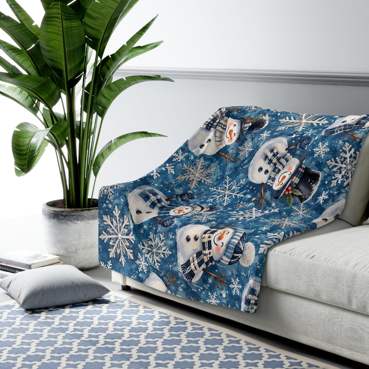 Snowman Sherpa Blanket — Cozy Blue Snowflake Fleece Throw for Winter & Holidays