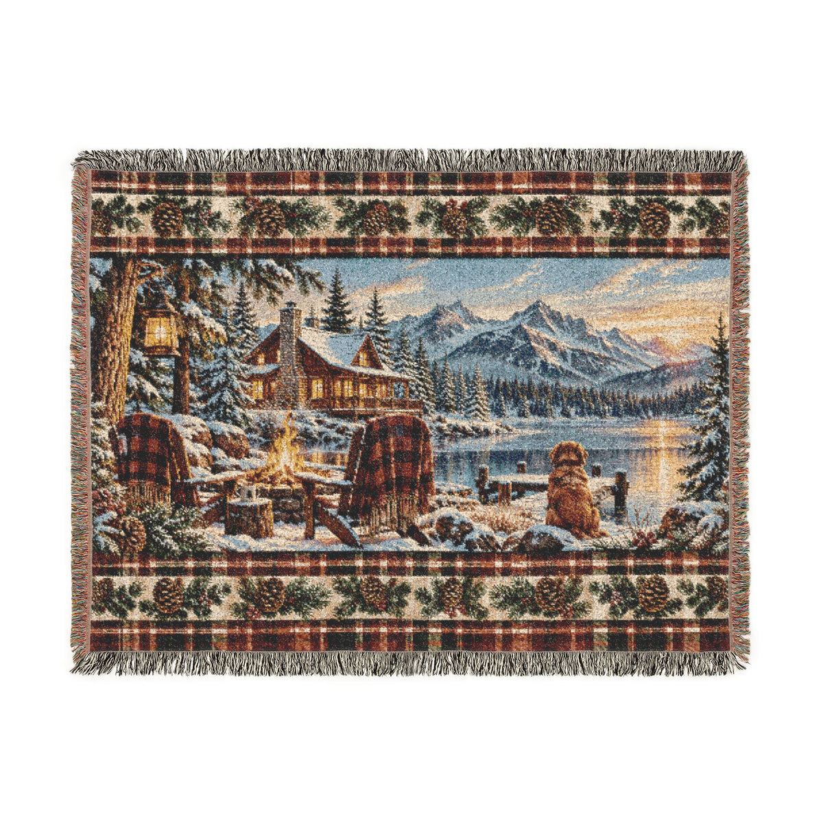 Rustic Mountain Lodge Woven Blanket – Winter Cabin, Golden Retriever and Lake Throw