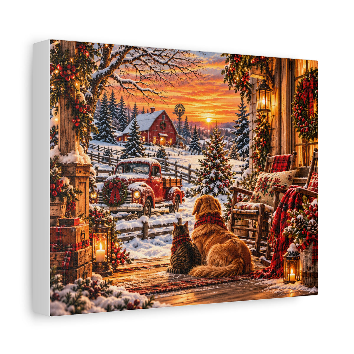 Snowy Winter Porch Scene with Dog & Cat-Christmas Farmhouse Canvas Print
