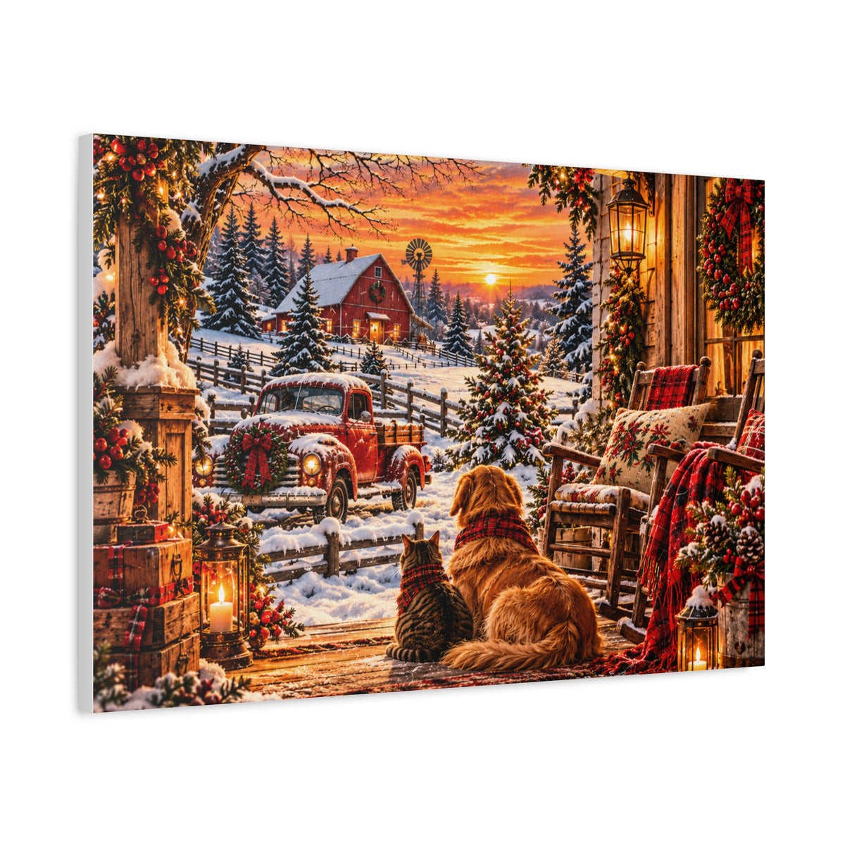 Snowy Winter Porch Scene with Dog & Cat-Christmas Farmhouse Canvas Print