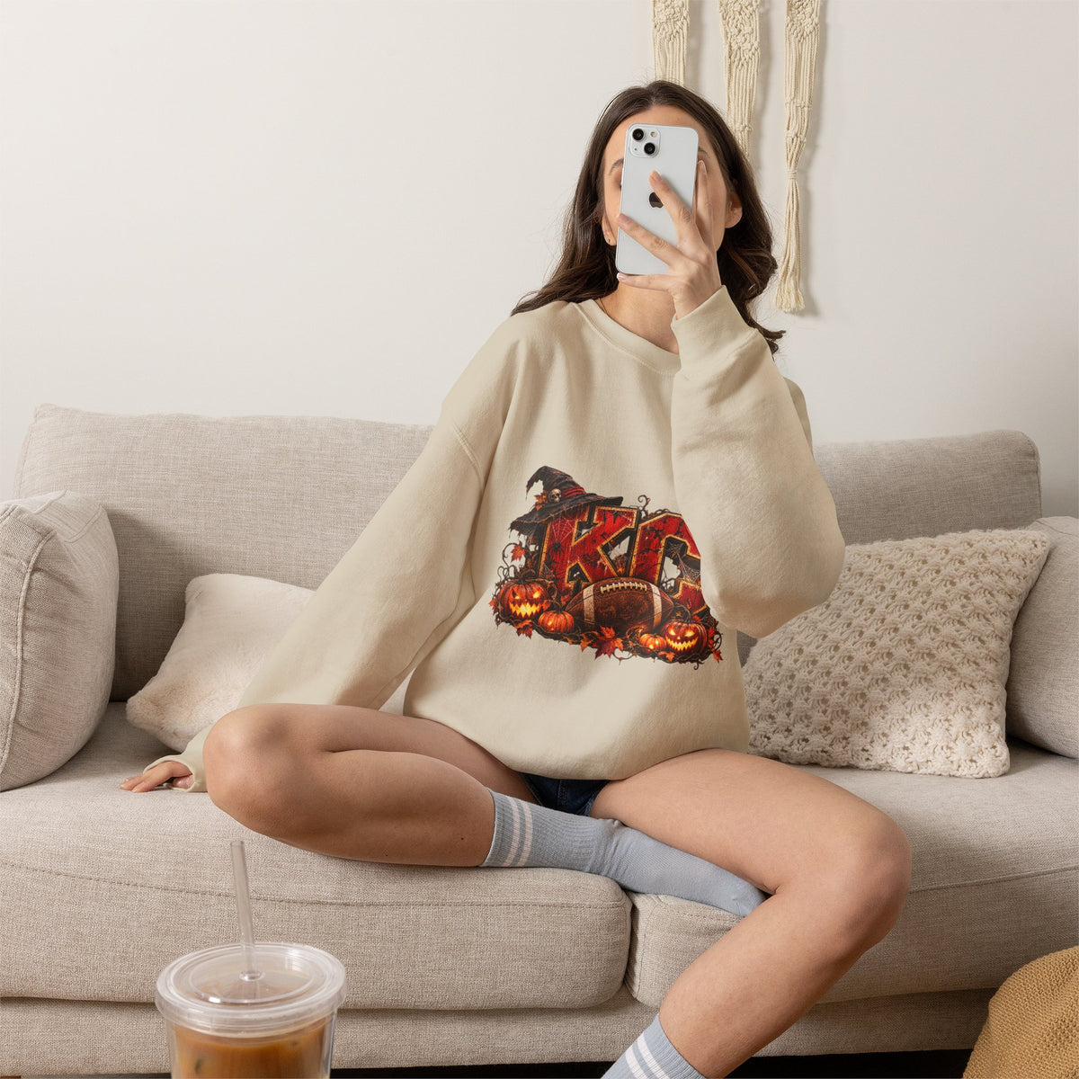 KC Halloween Crewneck Sweatshirt — Haunted Pumpkin Football Design-Flour and Foundry Meercantile Co.