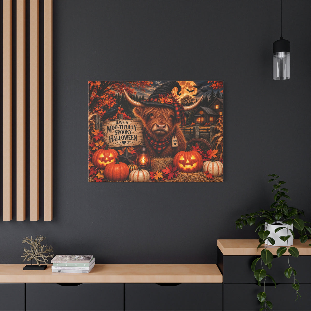 Halloween Highland Cow Canvas – "Have a Moo-tifully Spooky Halloween" Matte Stretched Wall Art