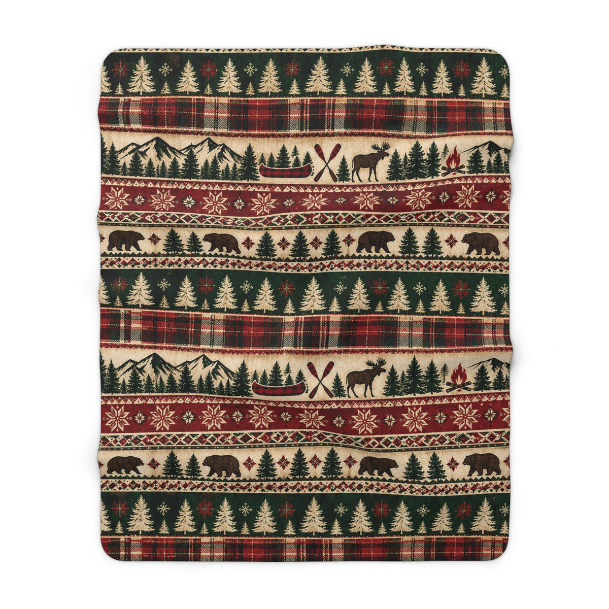 Rustic Lodge Sherpa Blanket — Cabin Plaid with Moose, Bears & Pine Trees