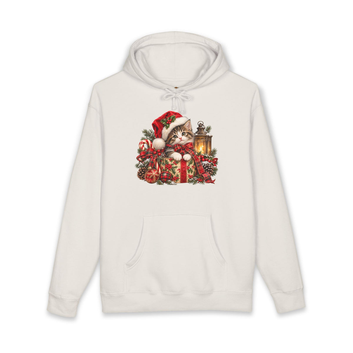 Christmas Cat Hoodie – Cute Kitten in Santa Hat with Lantern Holiday Sweatshirt
