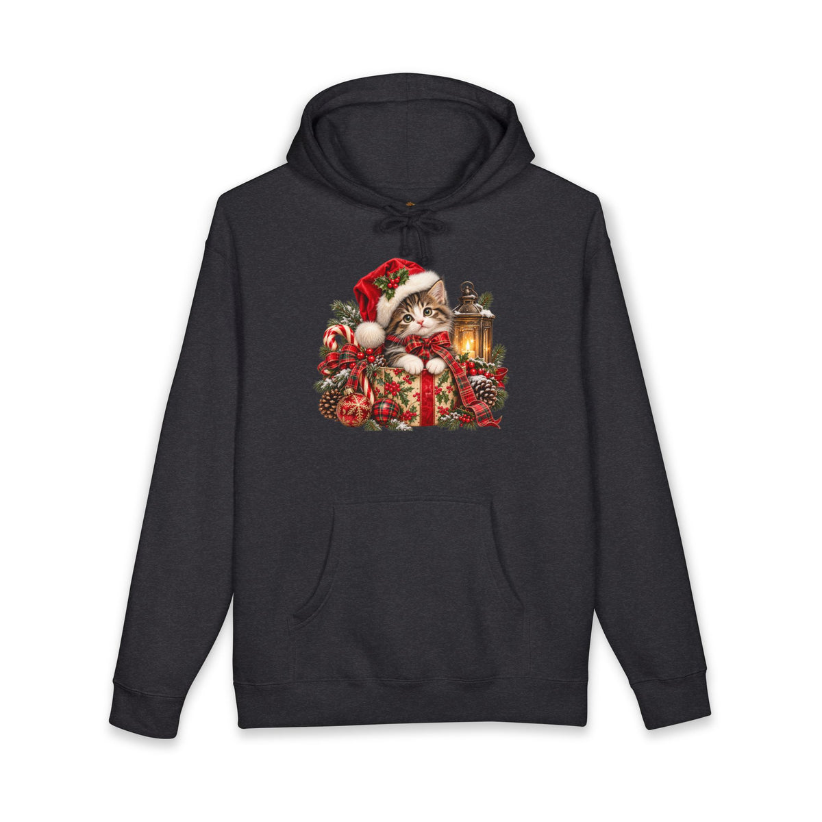 Christmas Cat Hoodie – Cute Kitten in Santa Hat with Lantern Holiday Sweatshirt