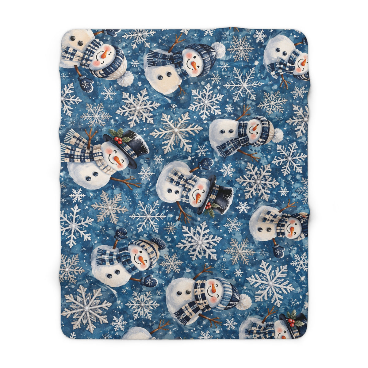 Snowman Sherpa Blanket — Cozy Blue Snowflake Fleece Throw for Winter & Holidays