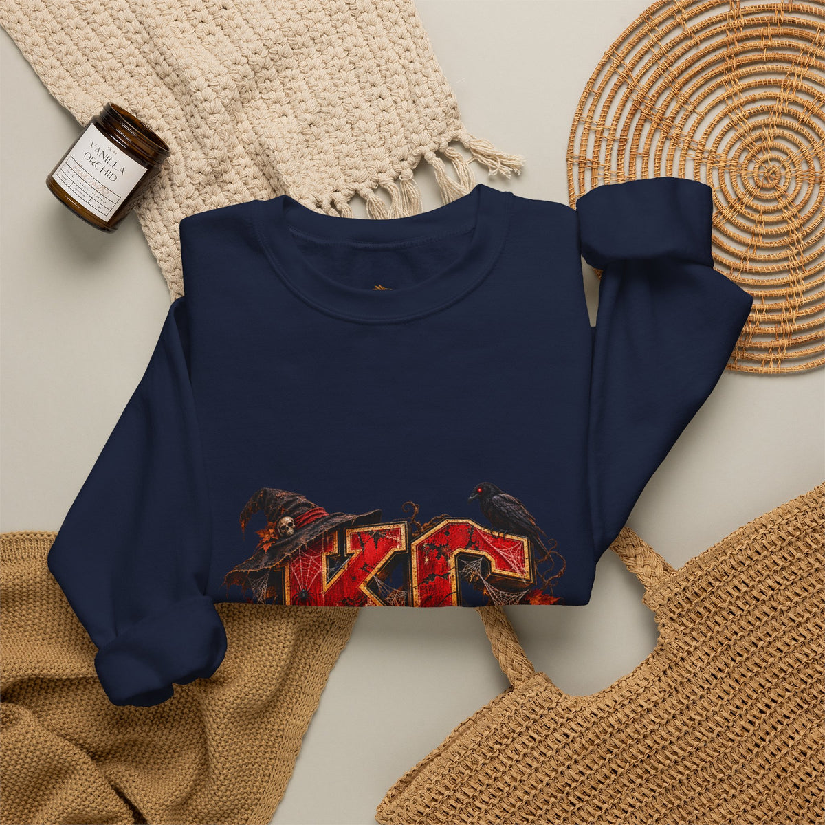 KC Halloween Crewneck Sweatshirt — Haunted Pumpkin Football Design-Flour and Foundry Meercantile Co.