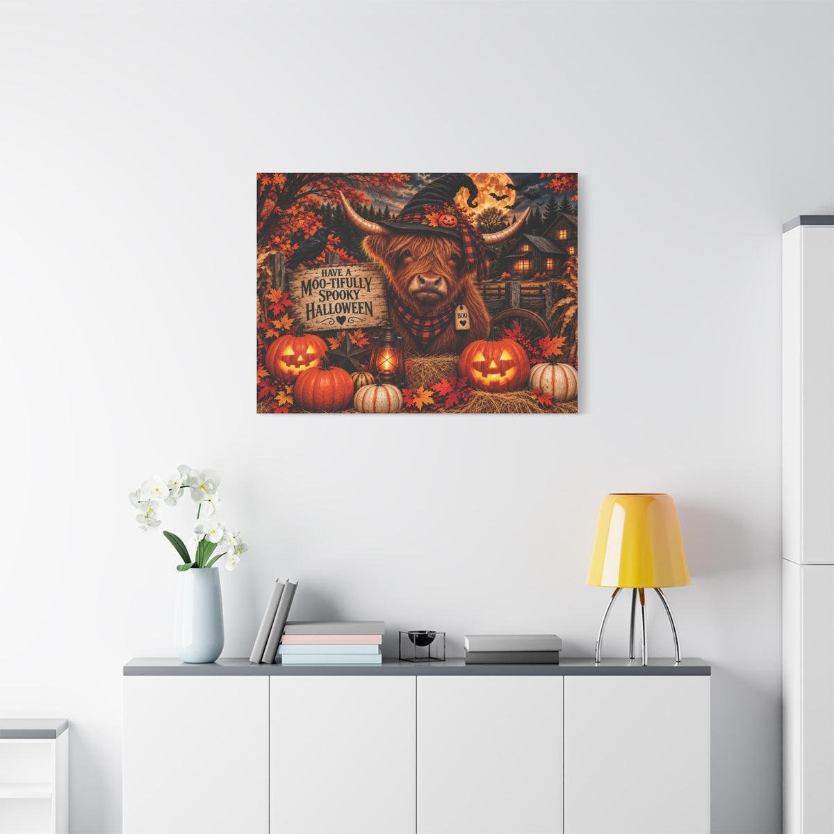 Halloween Highland Cow Canvas – "Have a Moo-tifully Spooky Halloween" Matte Stretched Wall Art