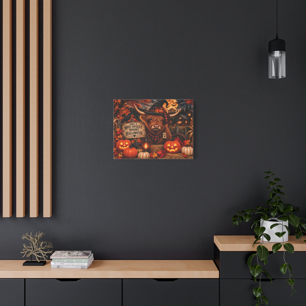 Halloween Highland Cow Canvas – "Have a Moo-tifully Spooky Halloween" Matte Stretched Wall Art
