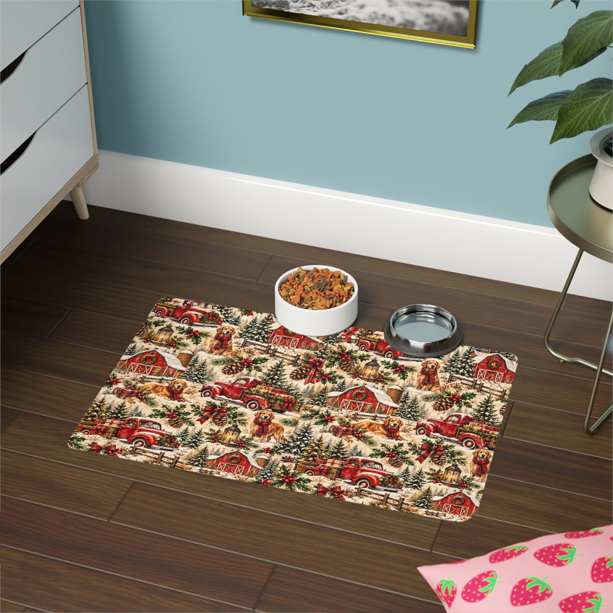 Christmas Dog Farmhouse Pet Food Mat (12x18) — Vintage Red Truck & Golden Retriever Holiday Placemat