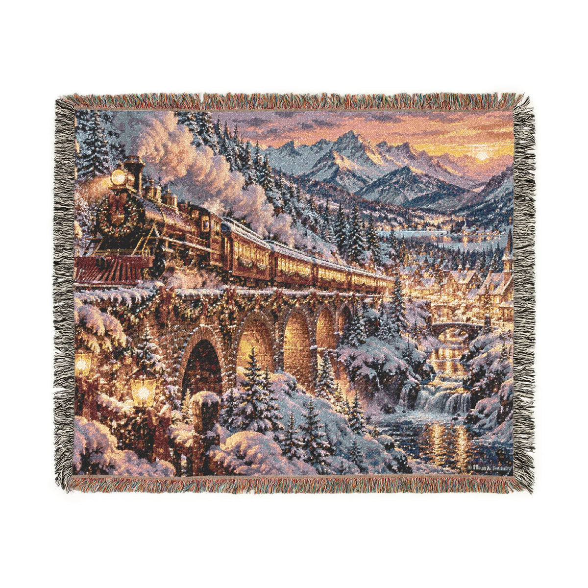 Christmas Train in the Alps Woven Blanket