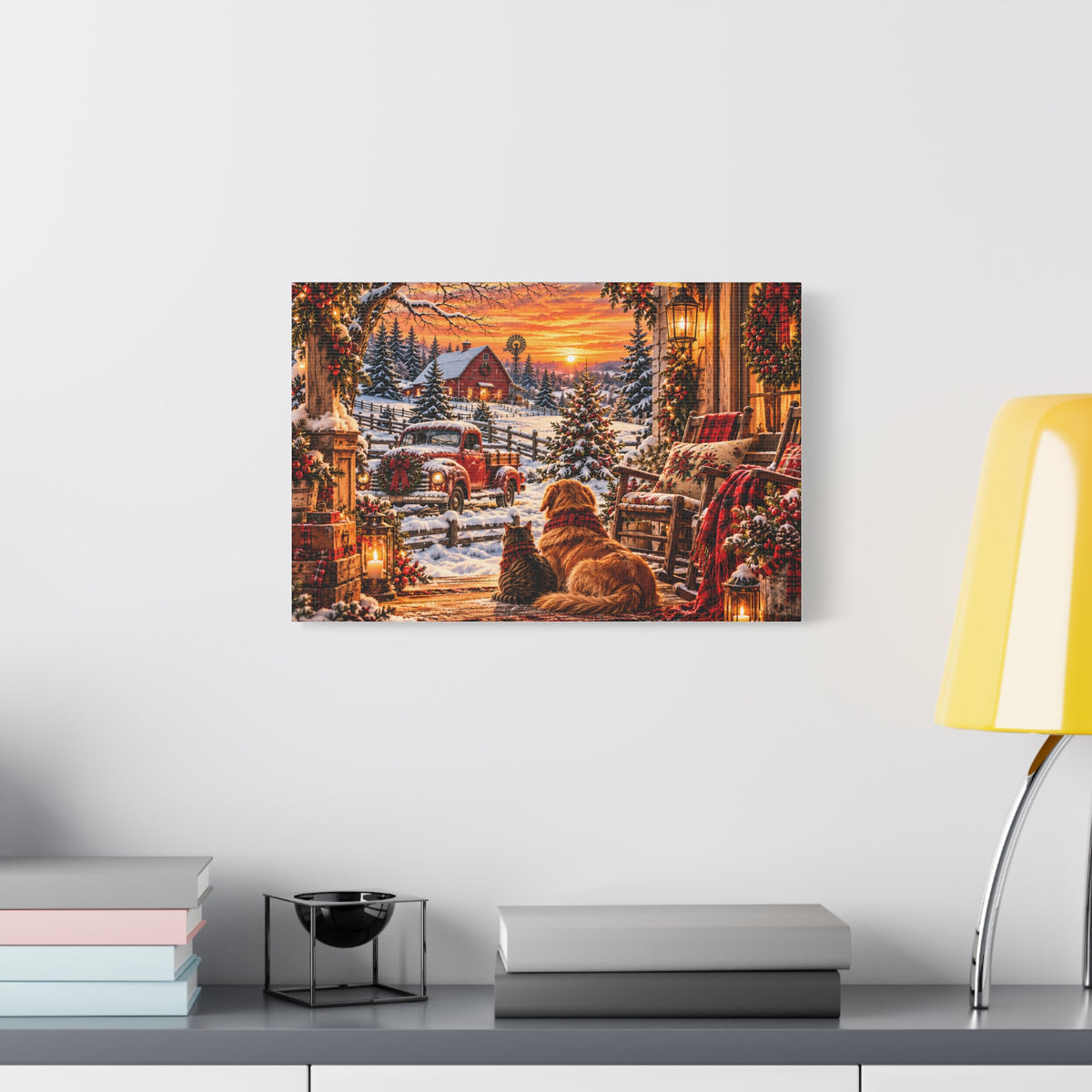 Snowy Winter Porch Scene with Dog & Cat-Christmas Farmhouse Canvas Print