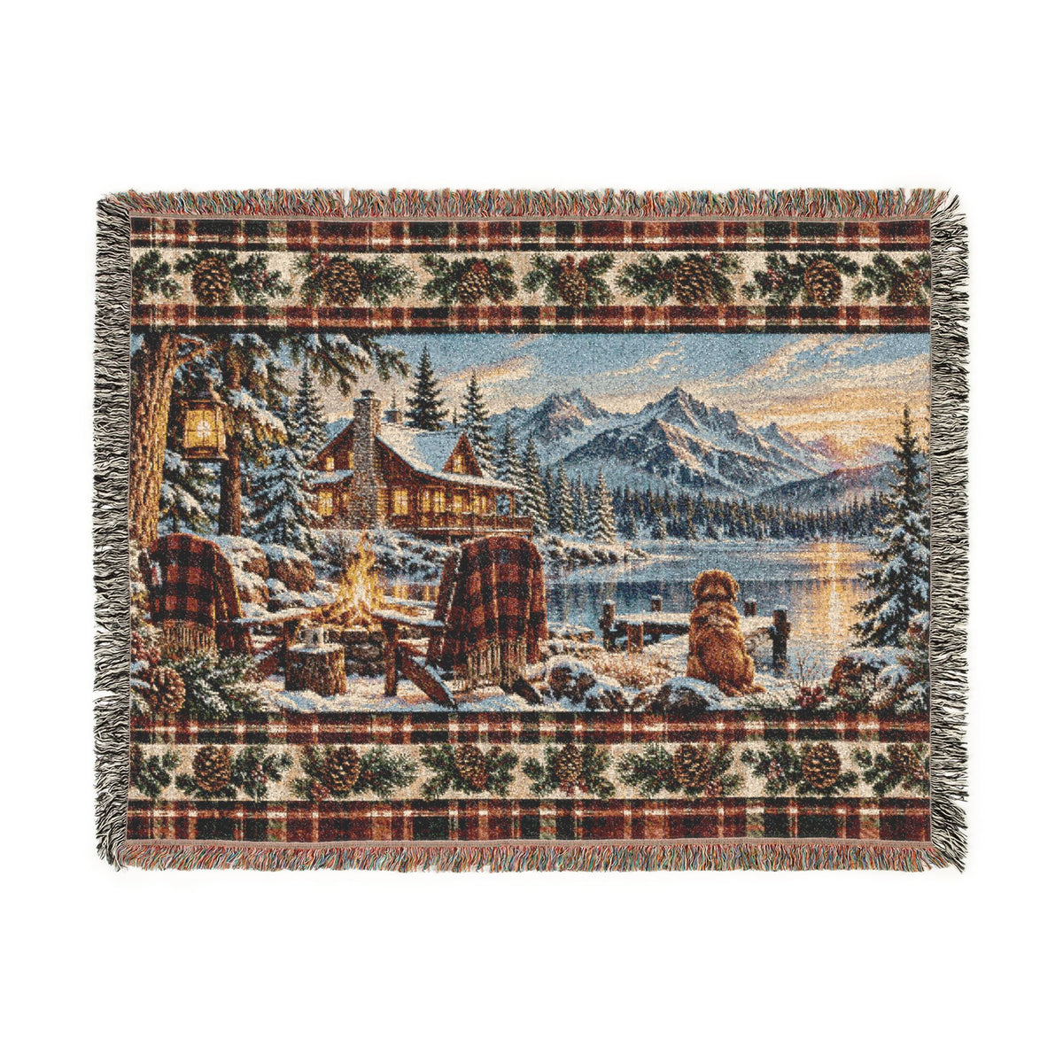 Rustic Mountain Lodge Woven Blanket – Winter Cabin, Golden Retriever and Lake Throw