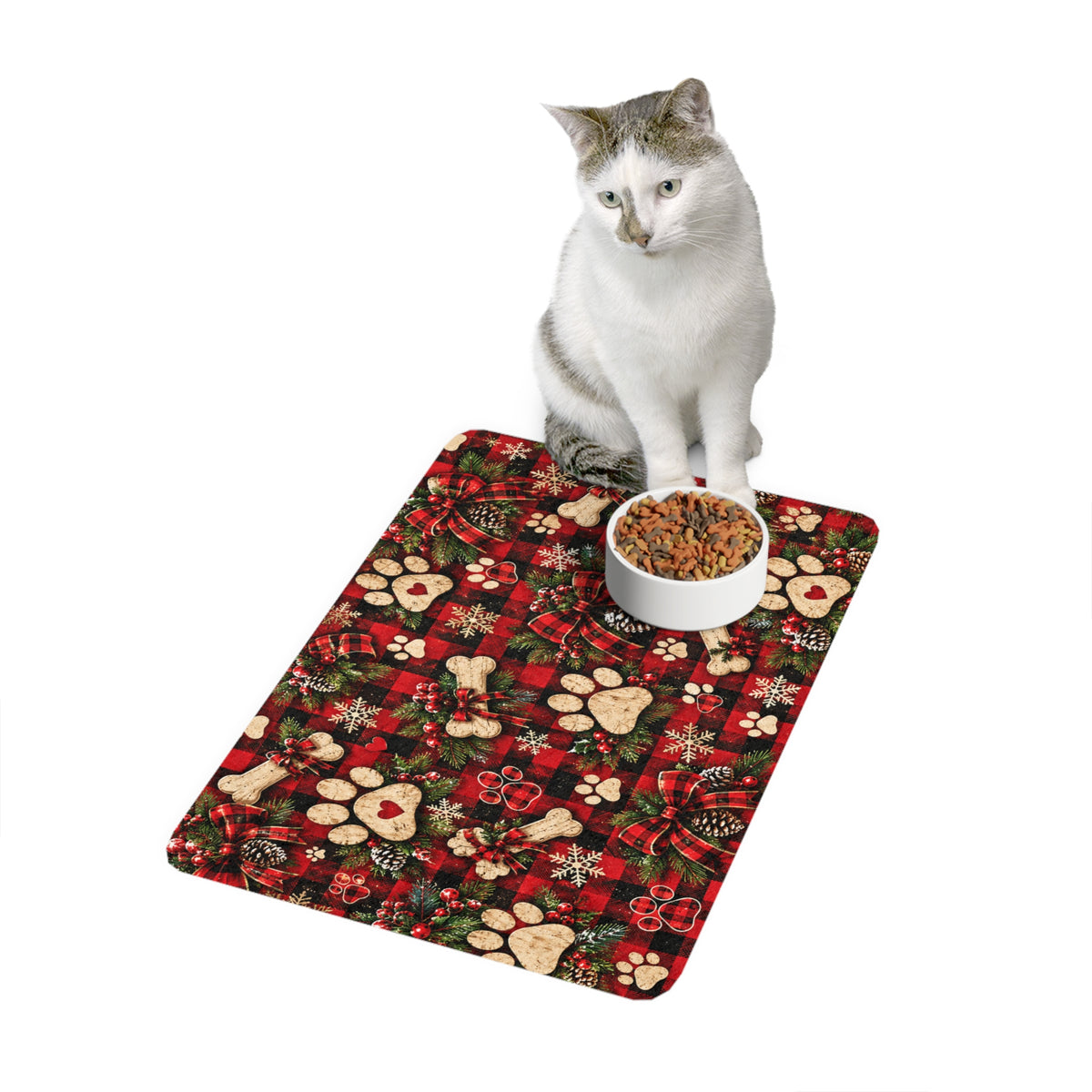 Christmas Plaid Pet Food Mat (12x18) — Dog Paw Prints & Bones Holiday Feeding Mat
