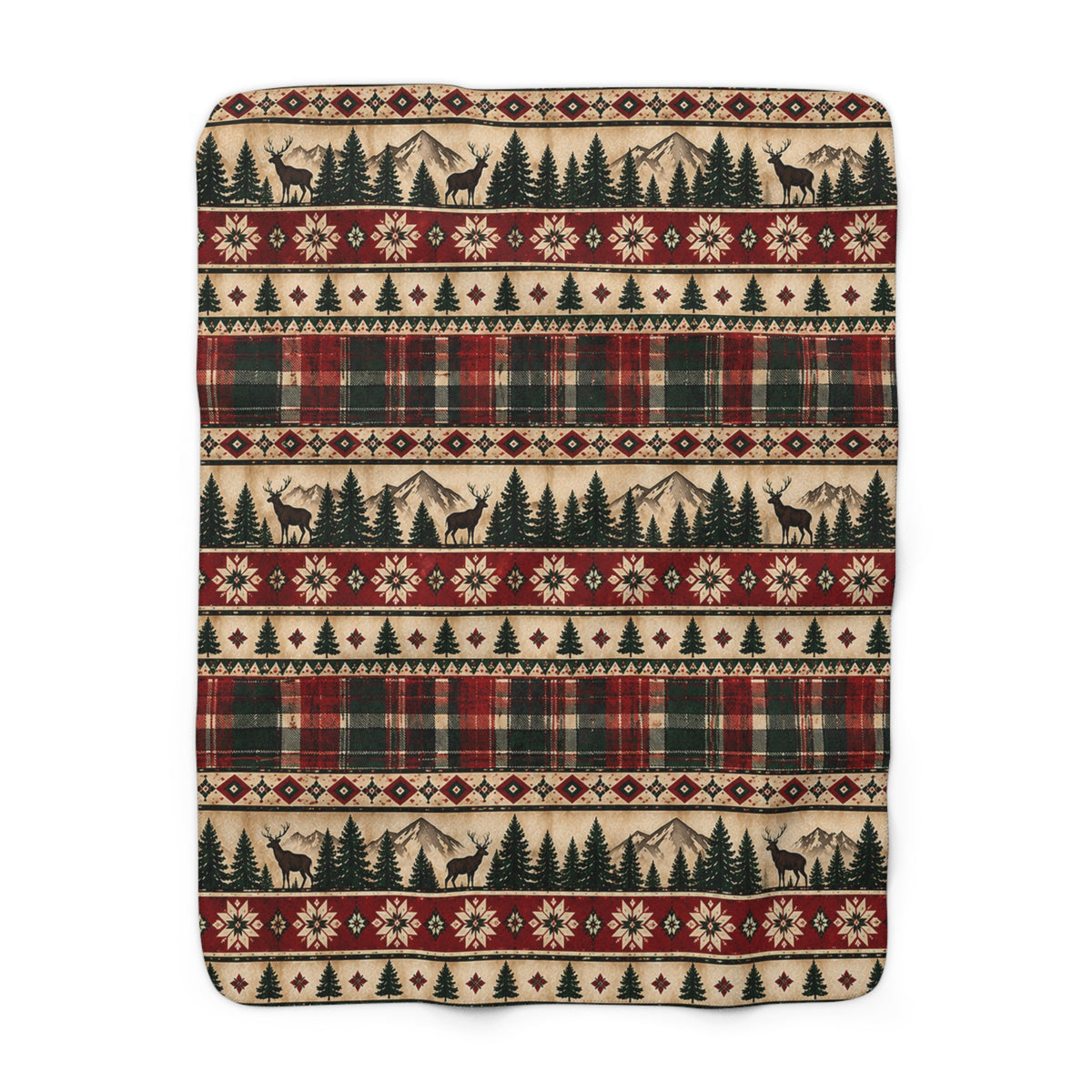 Plaid, Deer & Pine Holiday Fleece Throw-Rustic Lodge Sherpa Blanket