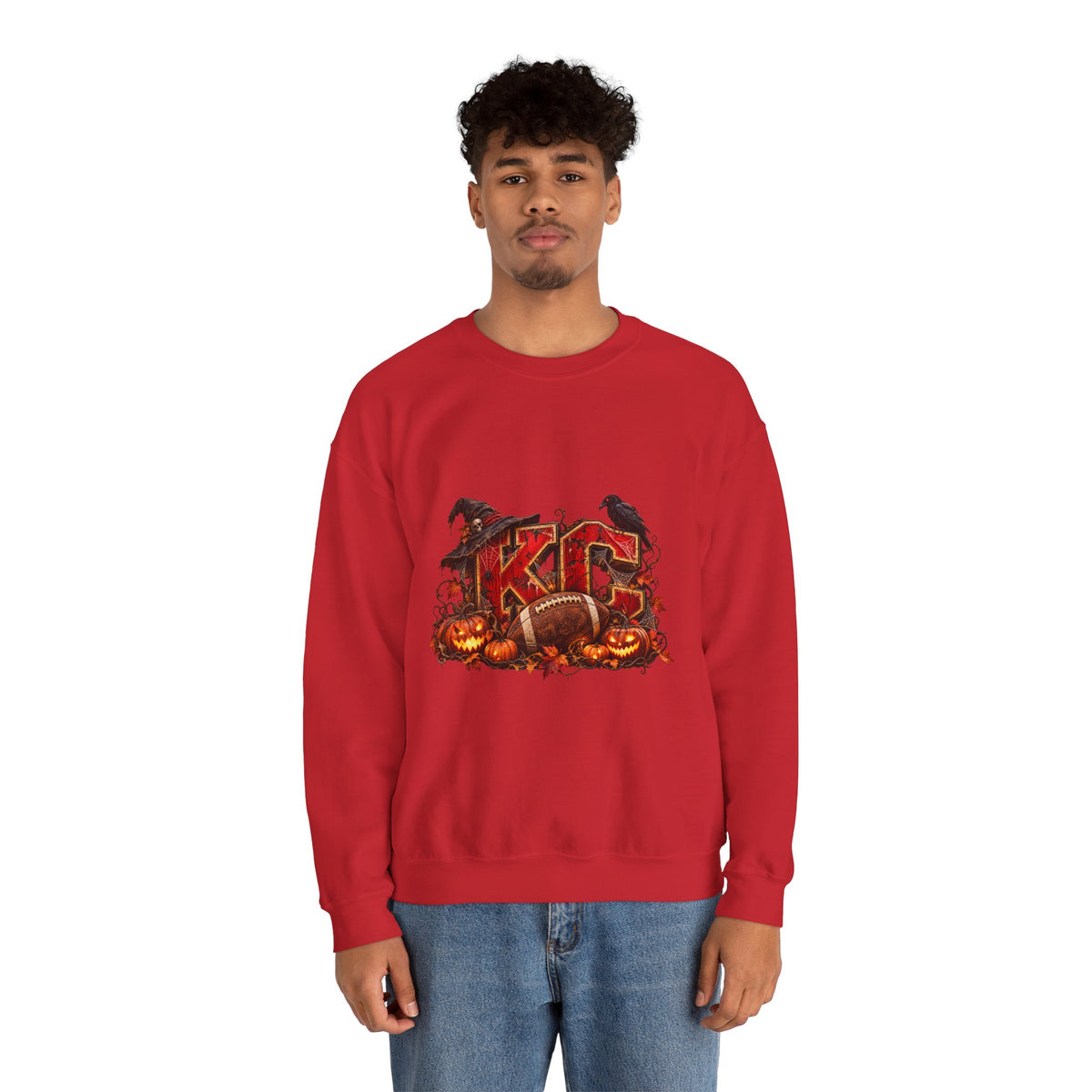 KC Halloween Crewneck Sweatshirt — Haunted Pumpkin Football Design-Flour and Foundry Meercantile Co.