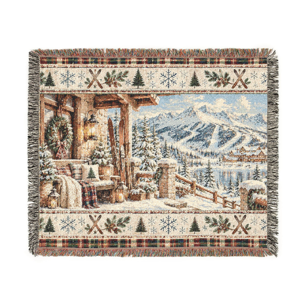 Vintage Ski Lodge Woven Blanket – Rustic Mountain Cabin Winter Throw
