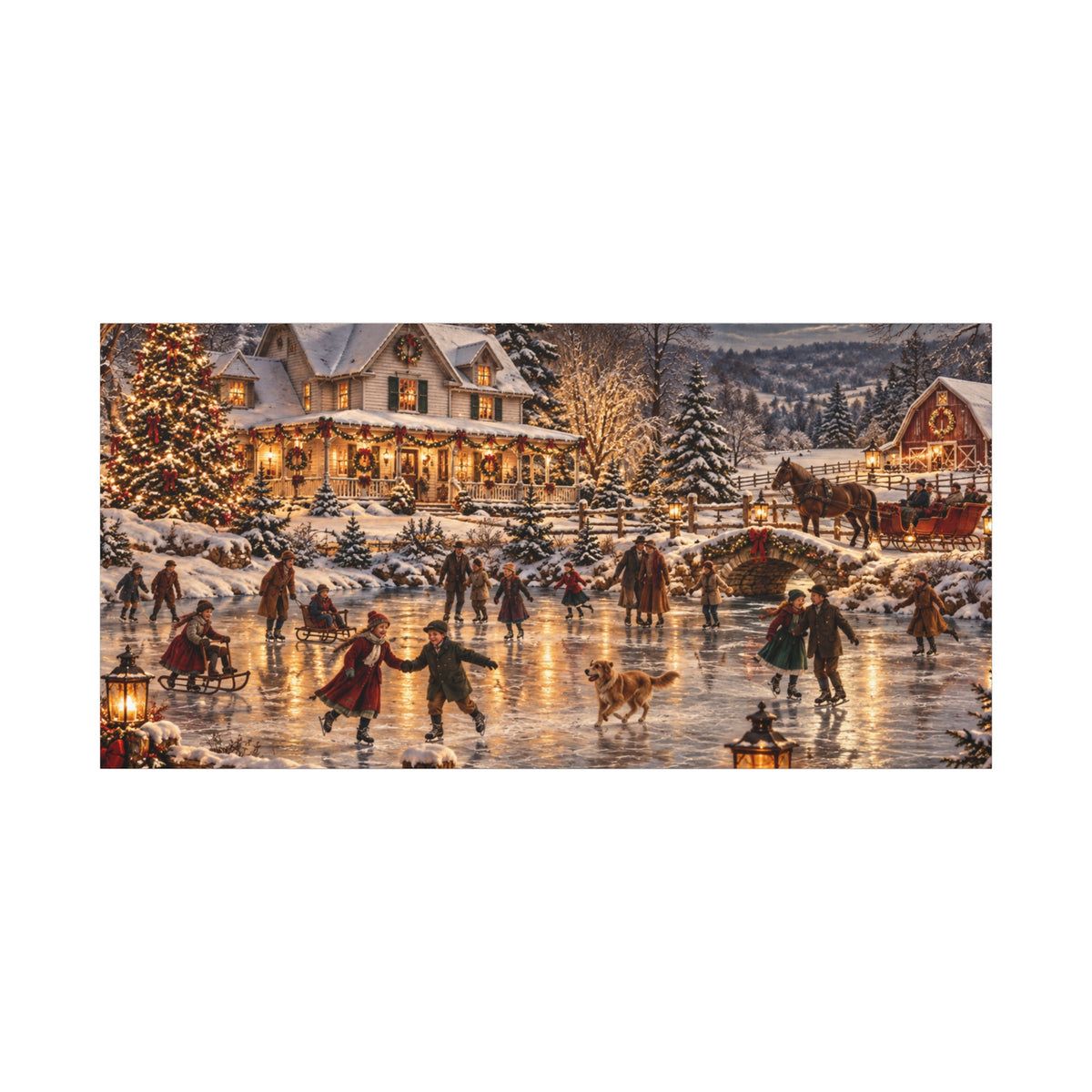 Christmas Village Ice Skating Matte Canvas Wall Art