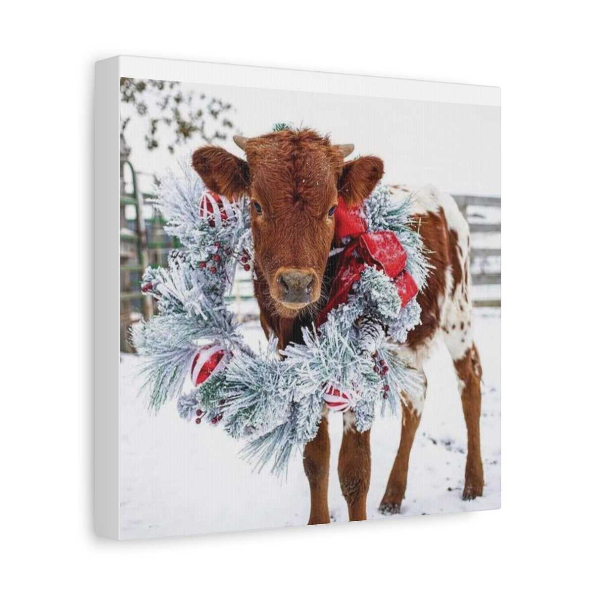 Holiday Calf Canvas Print — Festive Cow with Wreath Wall Art