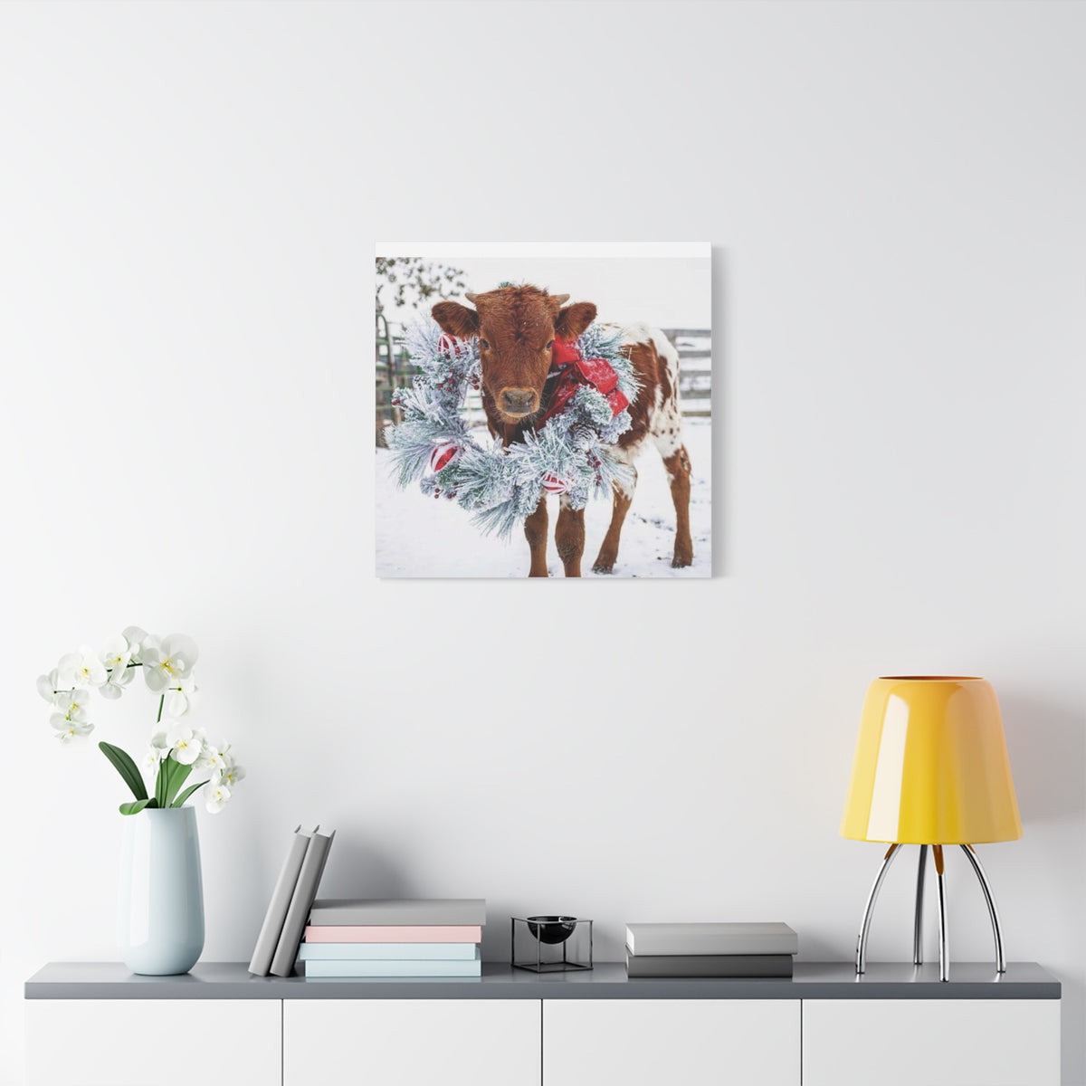 Holiday Calf Canvas Print — Festive Cow with Wreath Wall Art