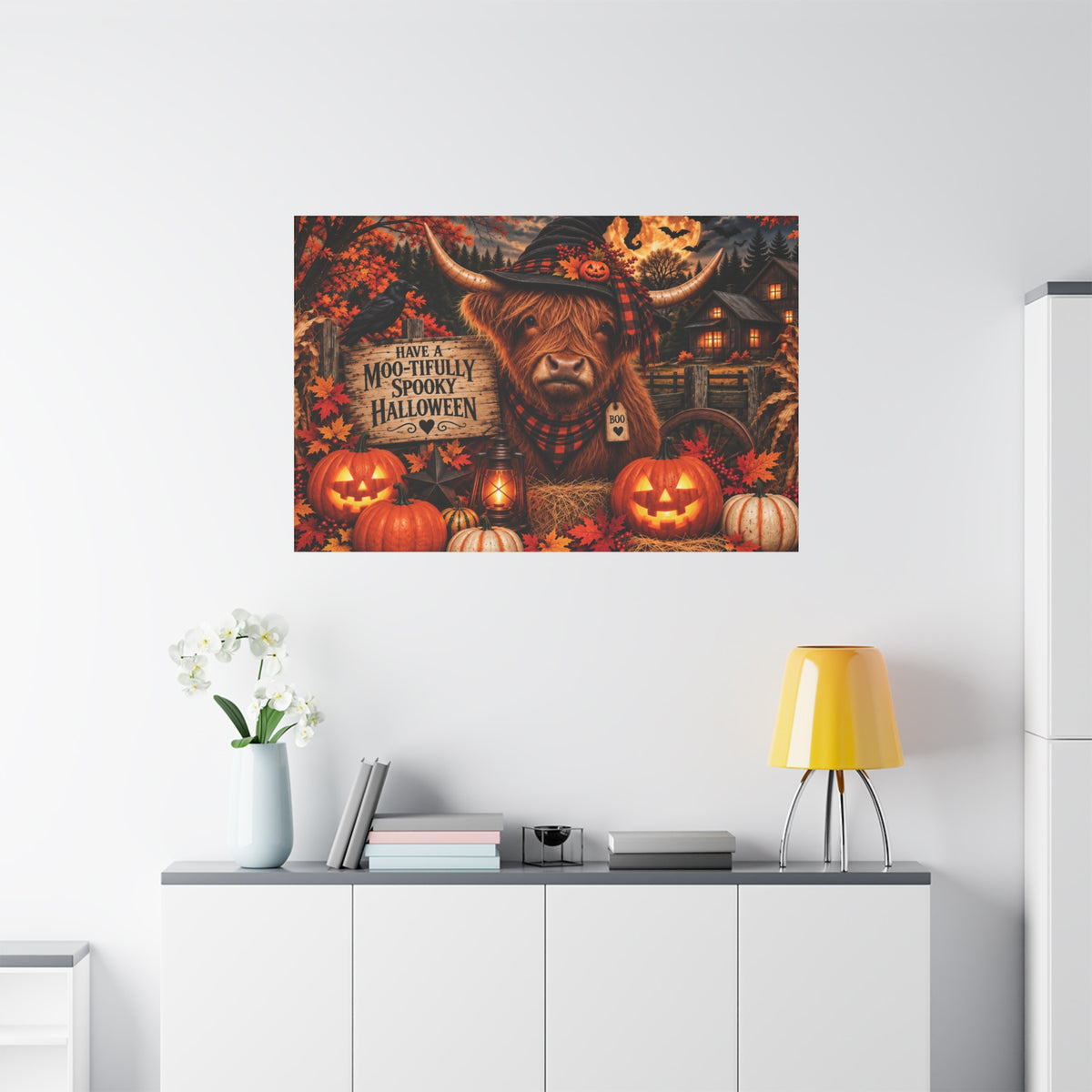 Halloween Highland Cow Canvas – "Have a Moo-tifully Spooky Halloween" Matte Stretched Wall Art