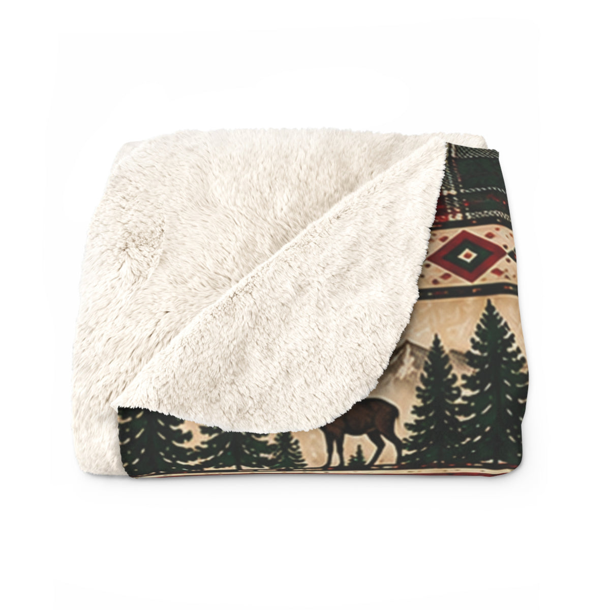 Plaid, Deer & Pine Holiday Fleece Throw-Rustic Lodge Sherpa Blanket