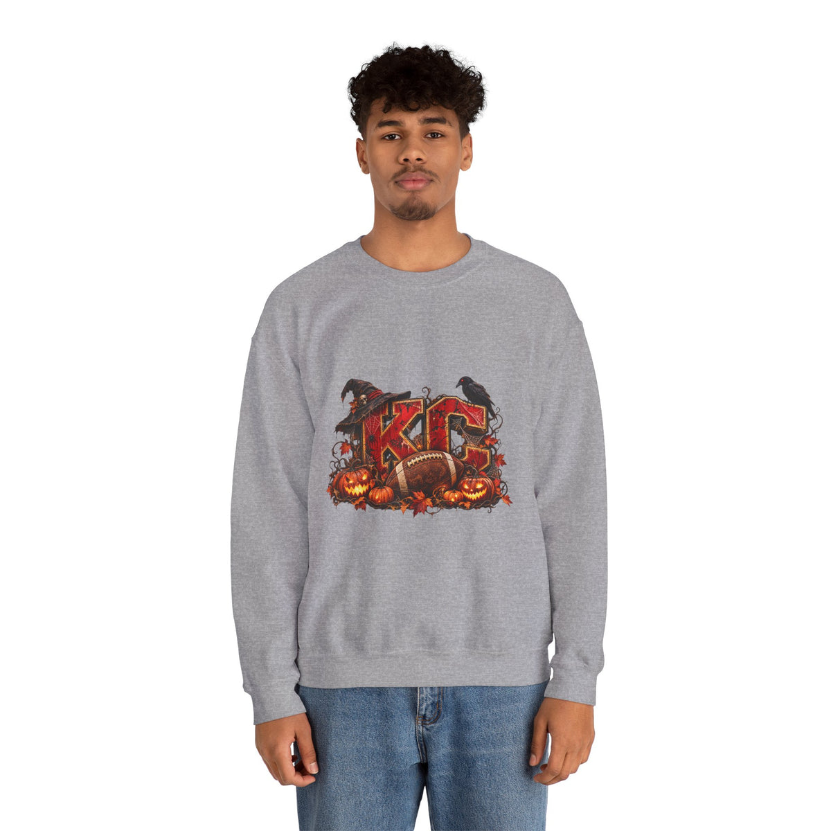 KC Halloween Crewneck Sweatshirt — Haunted Pumpkin Football Design-Flour and Foundry Meercantile Co.