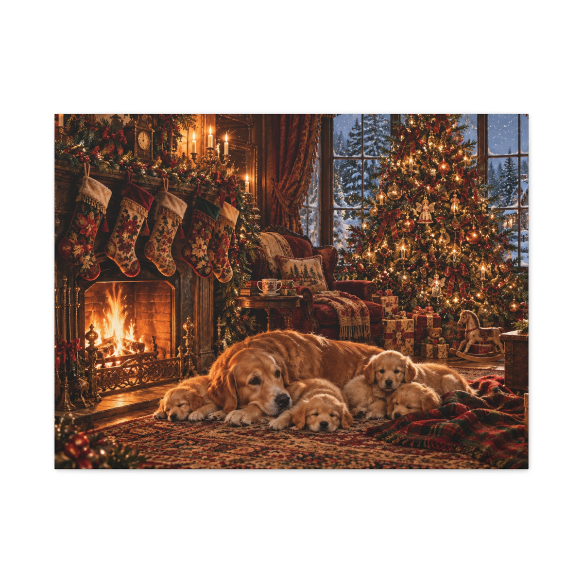 Cozy Christmas Dogs by the Fireplace Canvas Wall Art