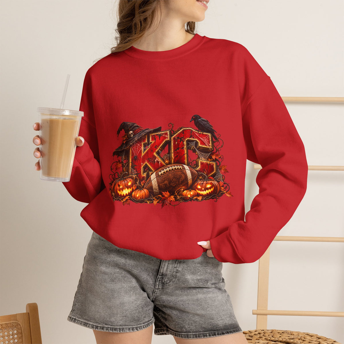 KC Halloween Crewneck Sweatshirt — Haunted Pumpkin Football Design-Flour and Foundry Meercantile Co.