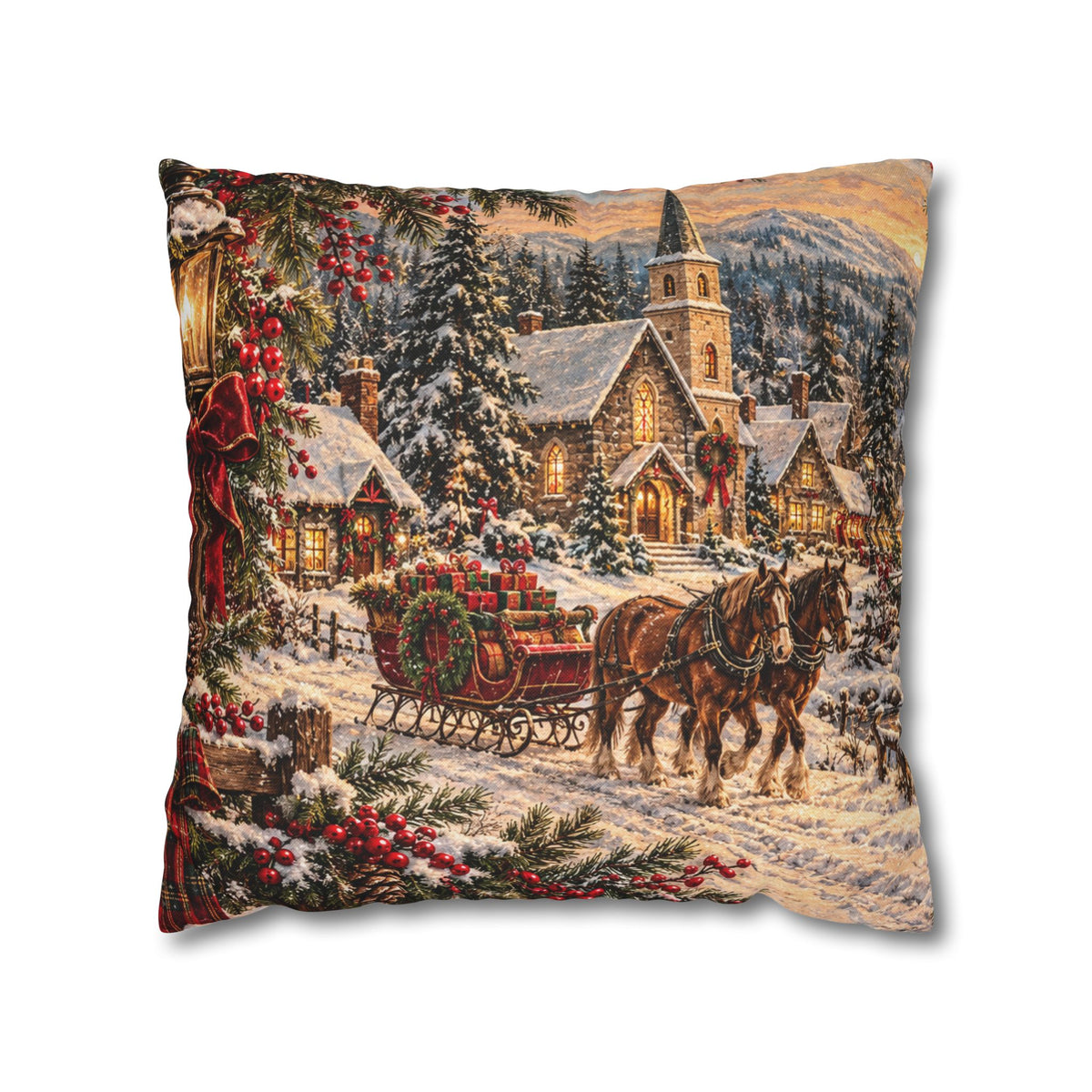 Christmas Village Horse-Drawn Sleigh Decorative Pillowcase