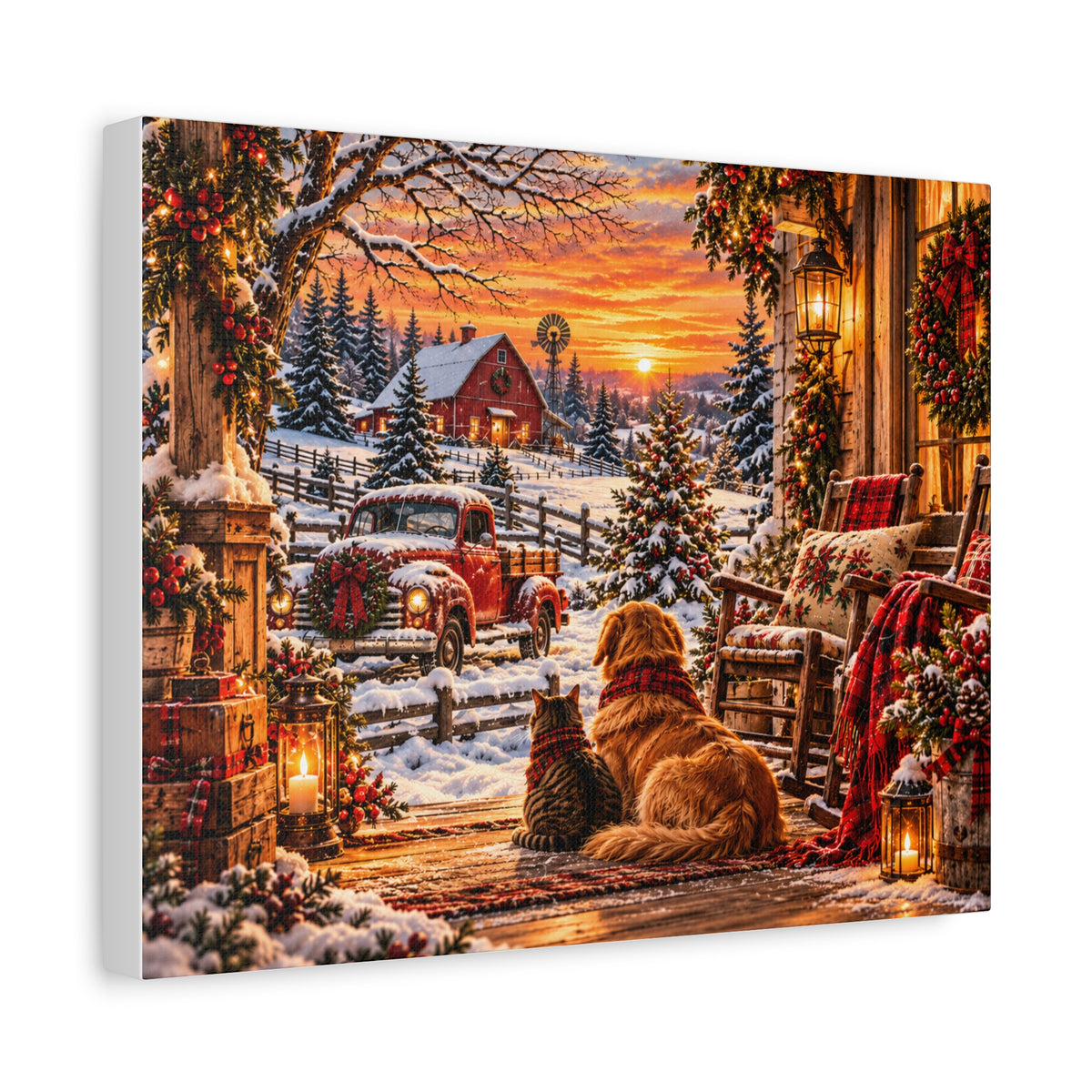Snowy Winter Porch Scene with Dog & Cat-Christmas Farmhouse Canvas Print