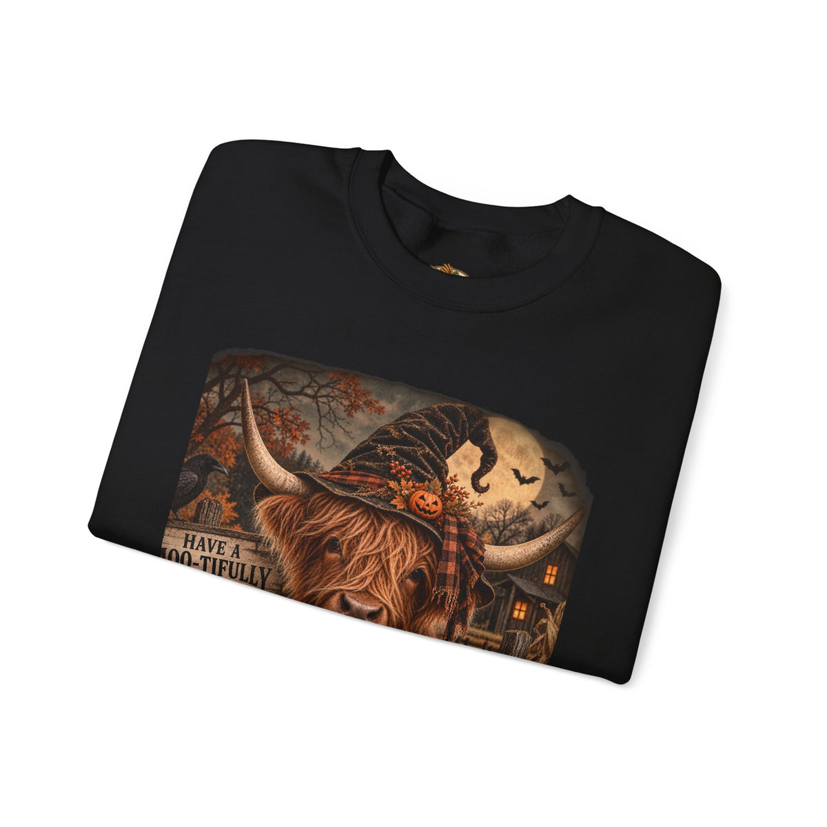 Halloween Highland Cow Sweatshirt – "Have a Moo-tifully Spooky Halloween" Crewneck-Flour and Foundry Mercantile Co.
