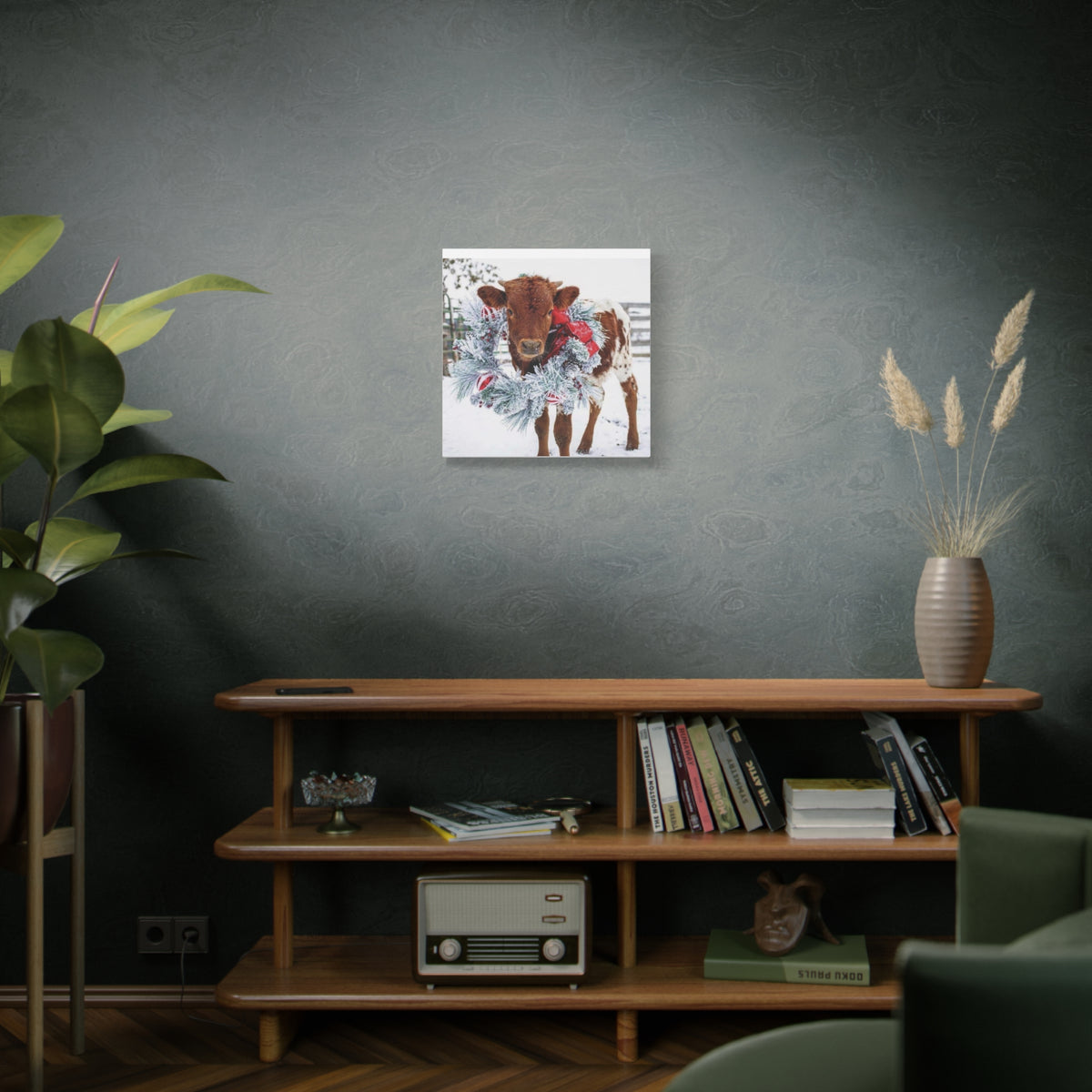 Holiday Calf Canvas Print — Festive Cow with Wreath Wall Art