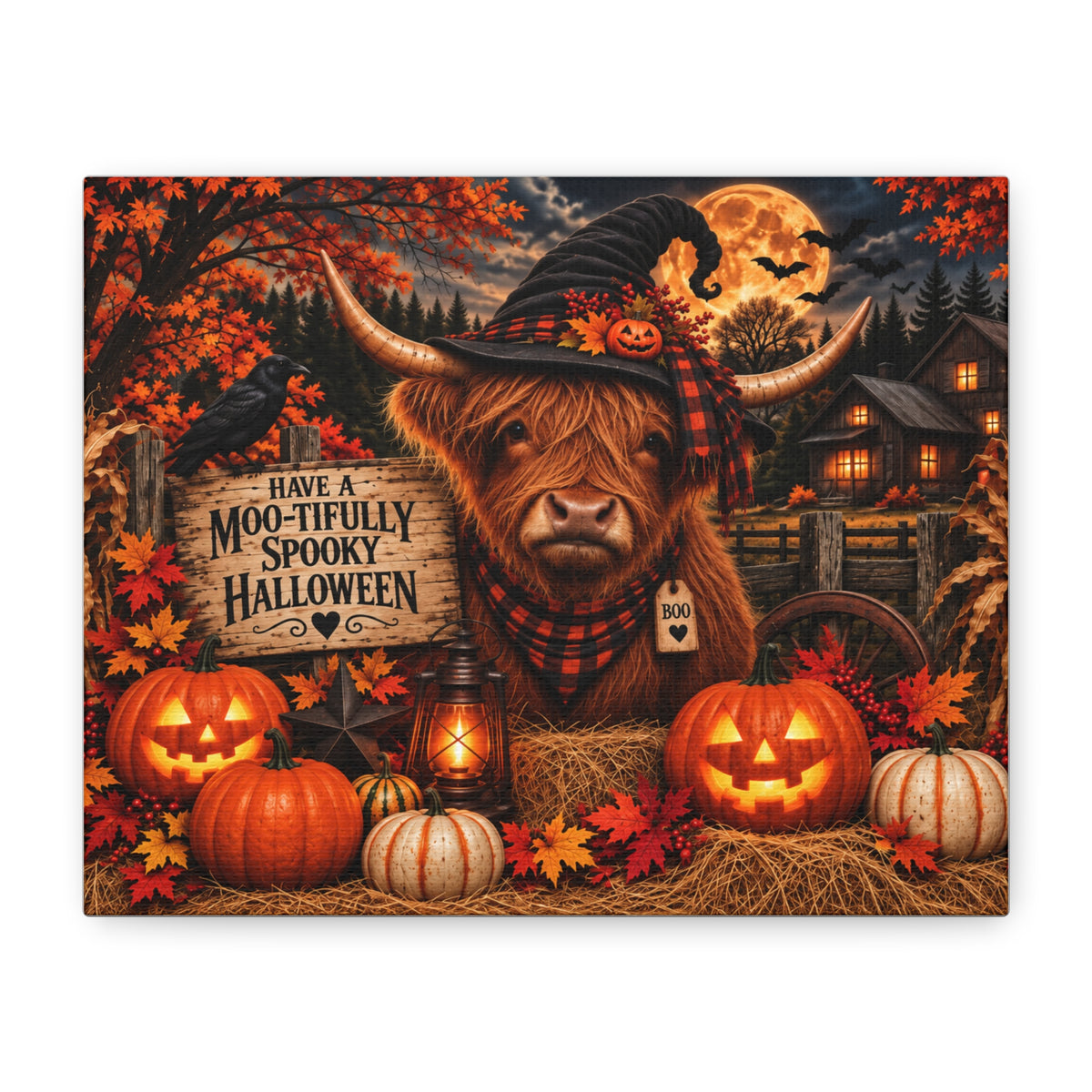 Halloween Highland Cow Canvas – "Have a Moo-tifully Spooky Halloween" Matte Stretched Wall Art
