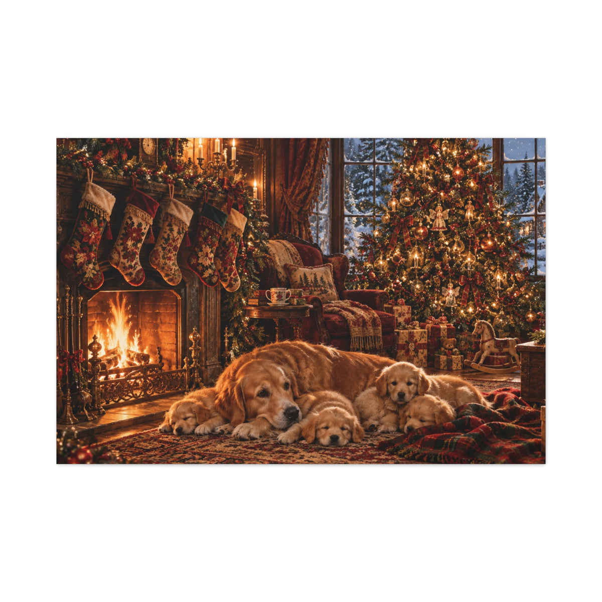 Cozy Christmas Dogs by the Fireplace Canvas Wall Art