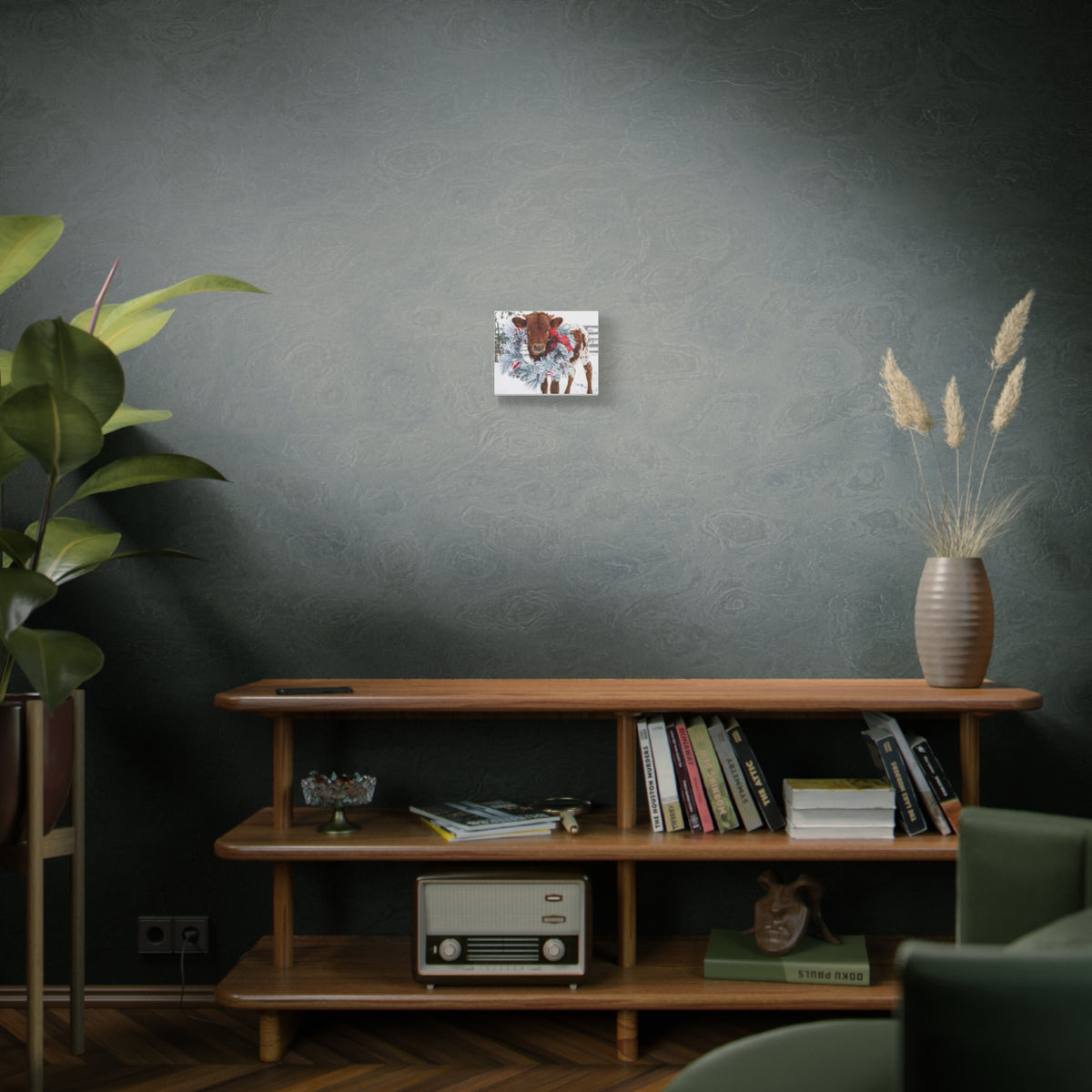 Holiday Calf Canvas Print — Festive Cow with Wreath Wall Art