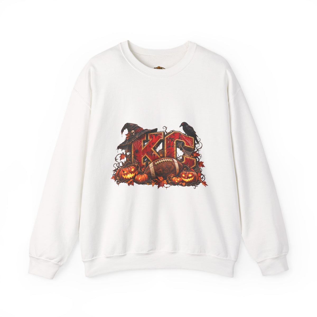 KC Halloween Crewneck Sweatshirt — Haunted Pumpkin Football Design-Flour and Foundry Meercantile Co.