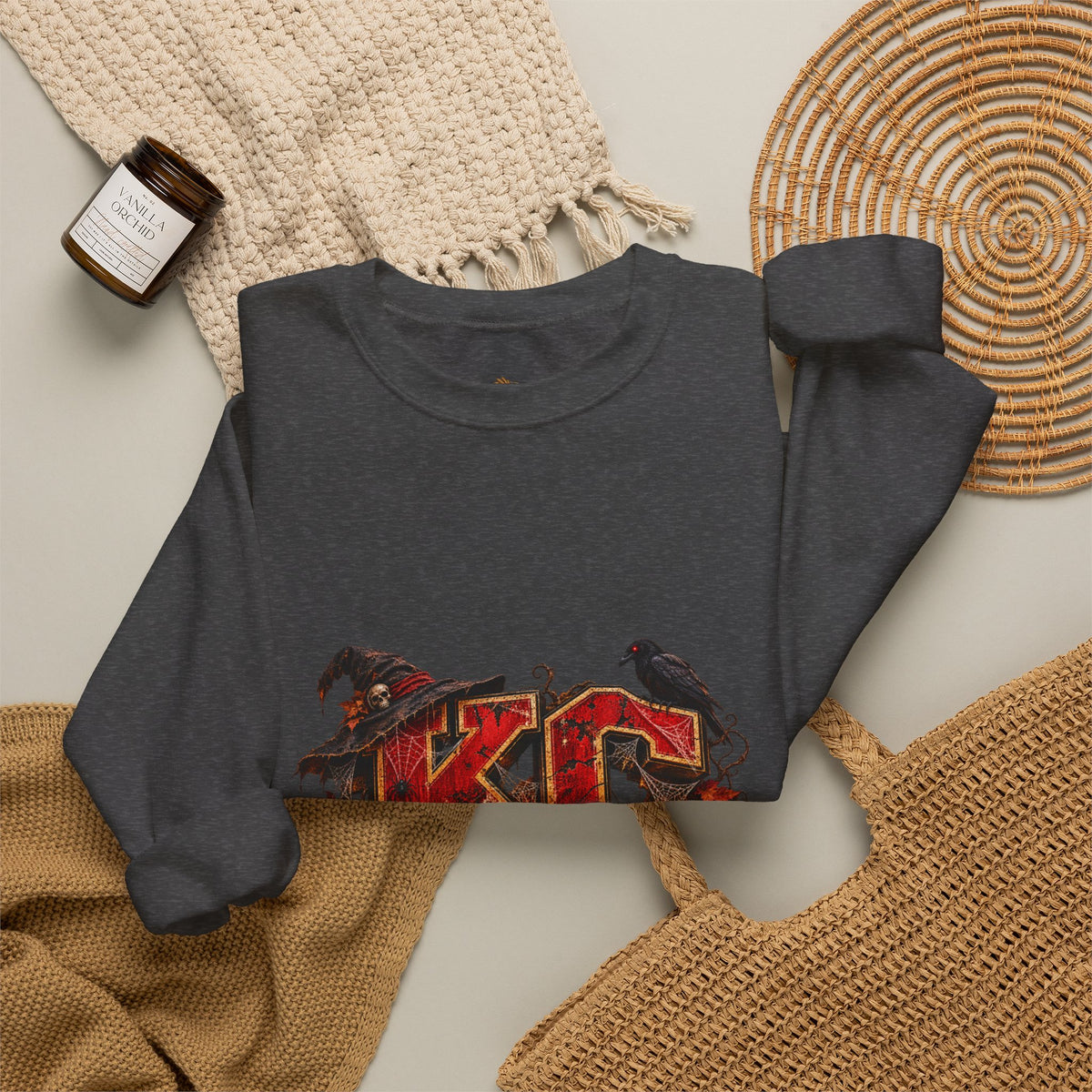 KC Halloween Crewneck Sweatshirt — Haunted Pumpkin Football Design-Flour and Foundry Meercantile Co.