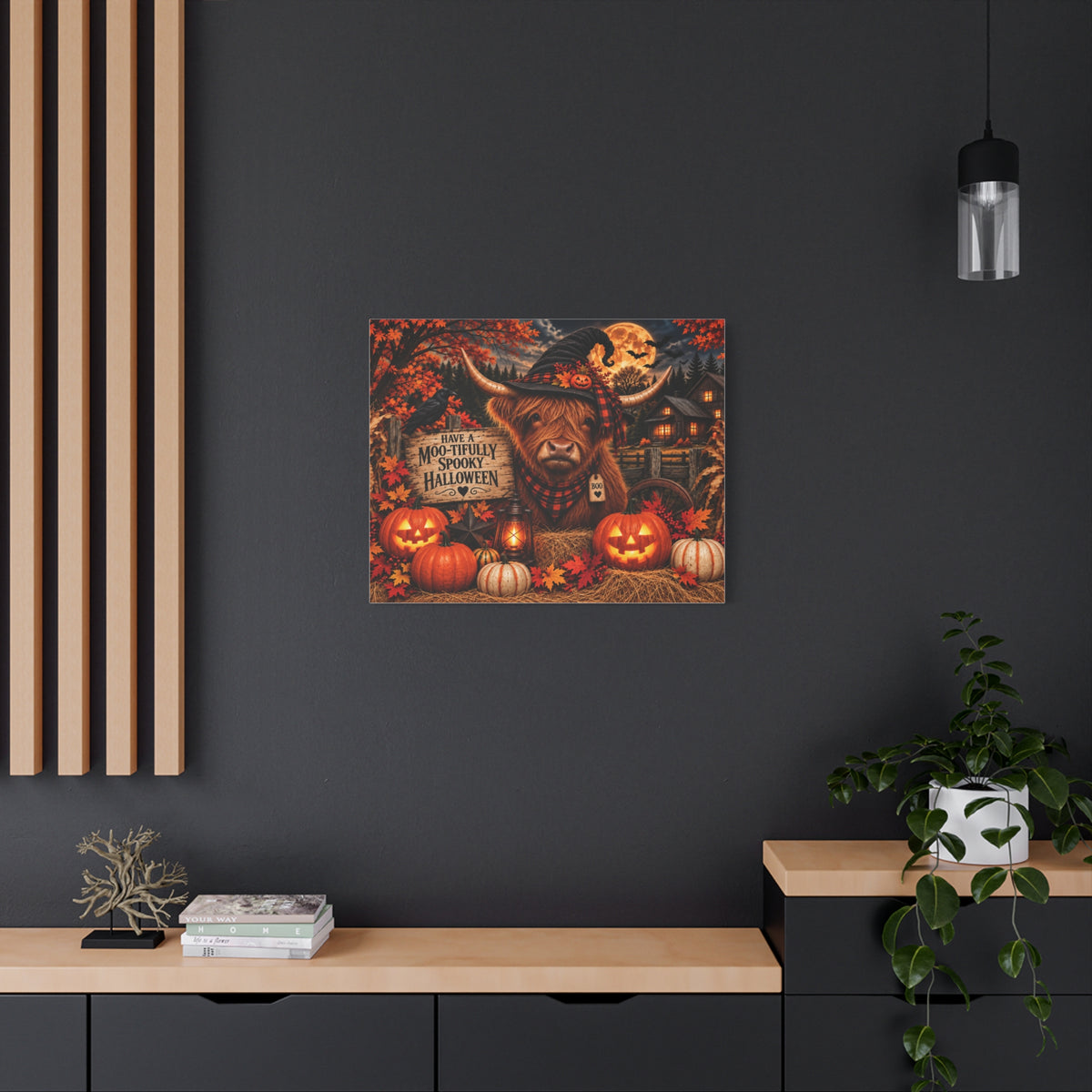 Halloween Highland Cow Canvas – "Have a Moo-tifully Spooky Halloween" Matte Stretched Wall Art
